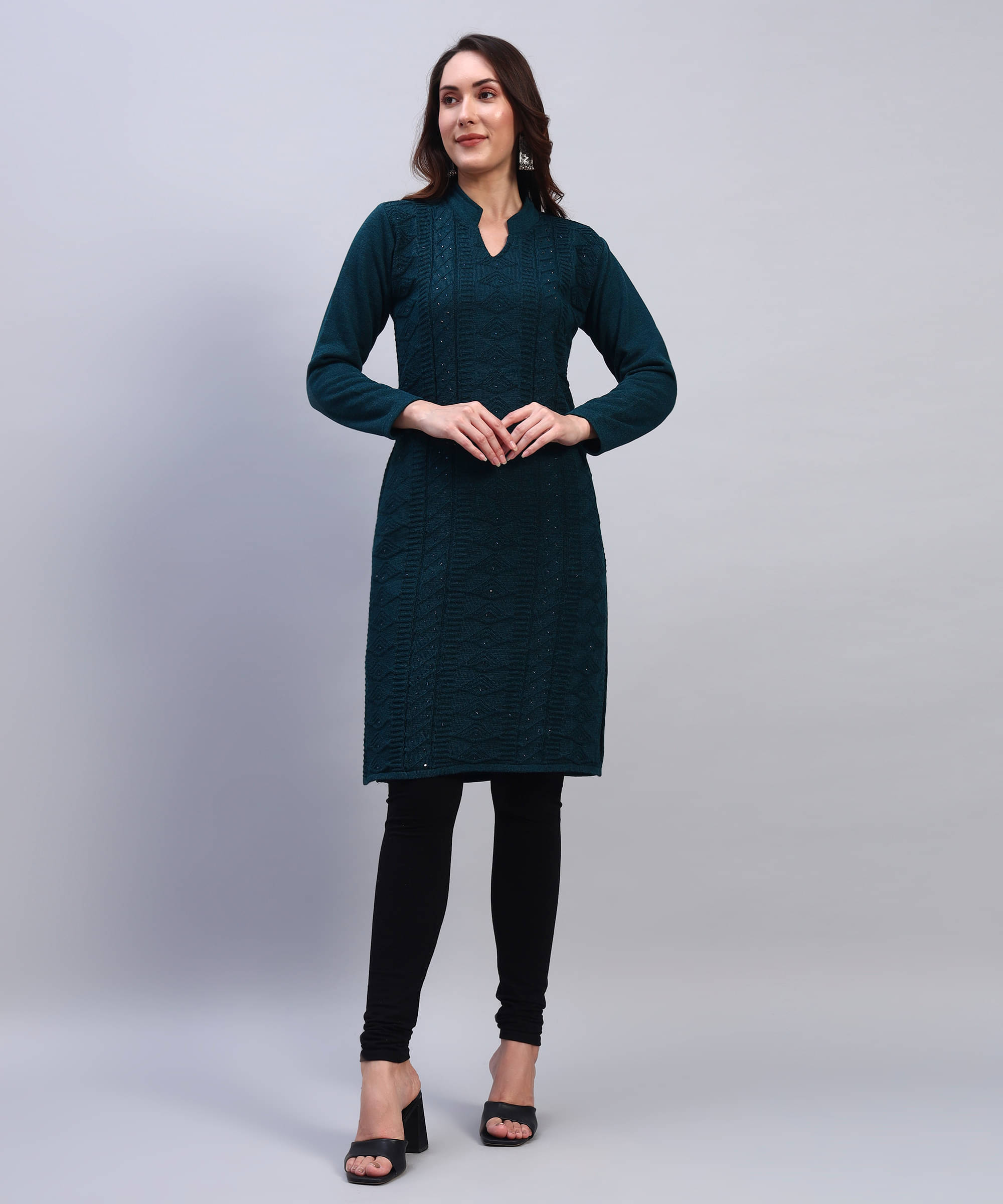     			BRAYLES Women Woollen Self Design Straight Kurti ( Blue )