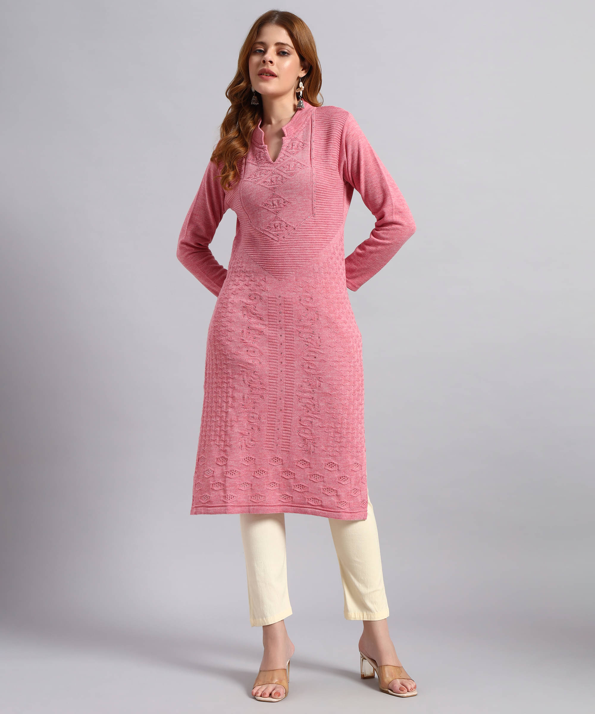 BRAYLES Women Woollen Self Design Straight Kurti ( Pink ) BRAYLES Women Woollen Self Design Straight Kurti ( Pink )