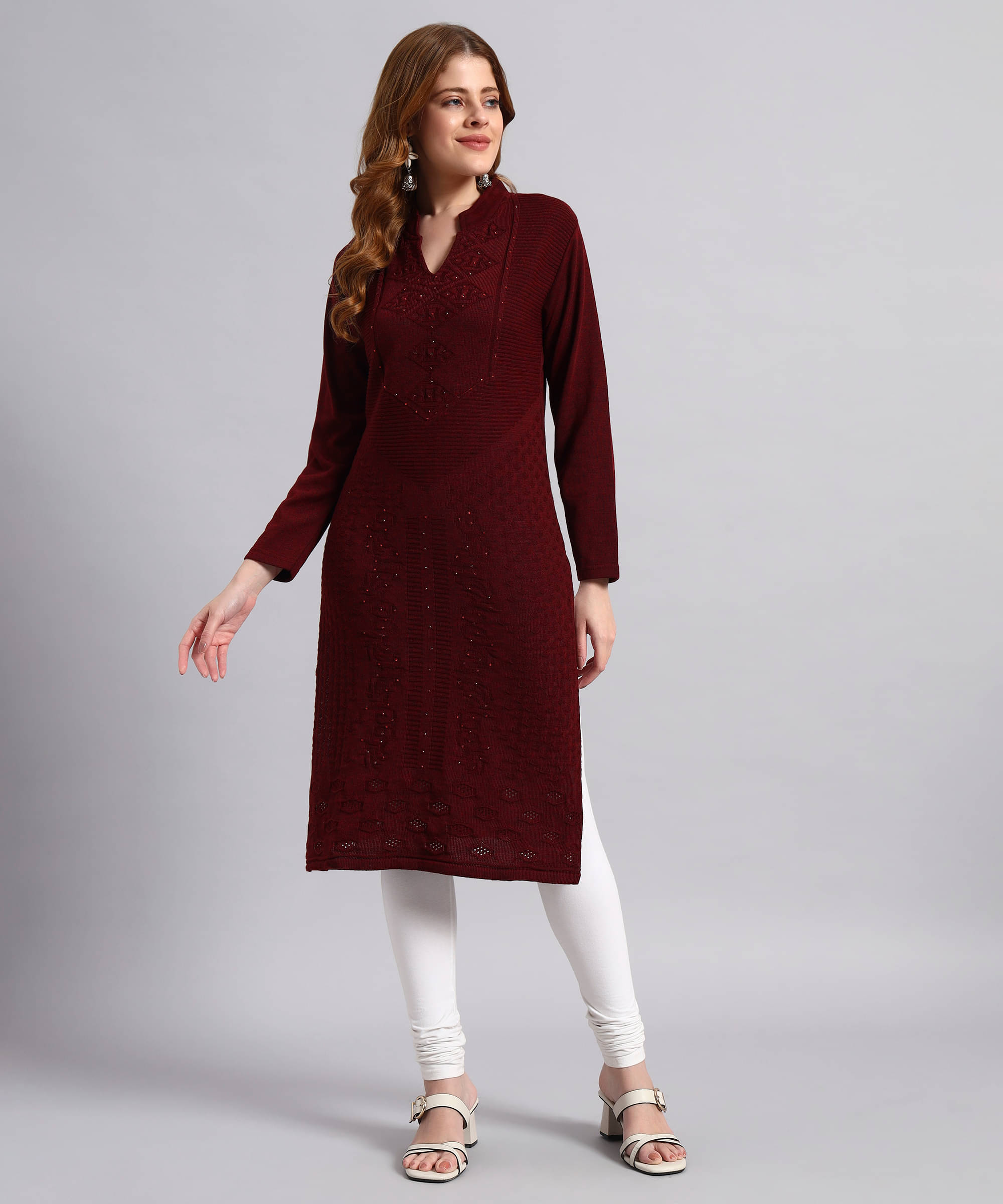     			BRAYLES Women Woollen Self Design Straight Kurti ( Wine )