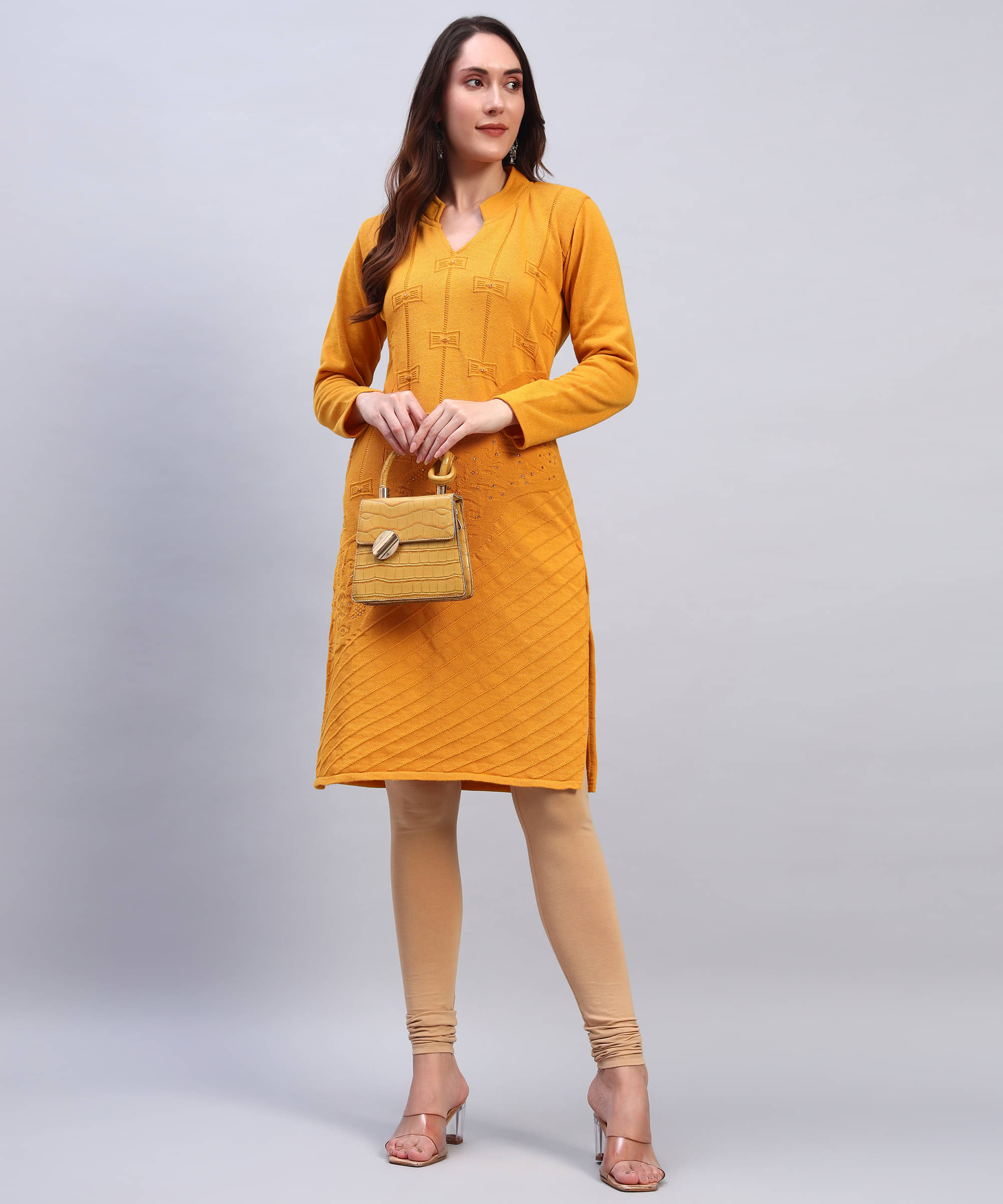     			BRAYLES Women Woollen Self Design Straight Kurti ( Mustard )