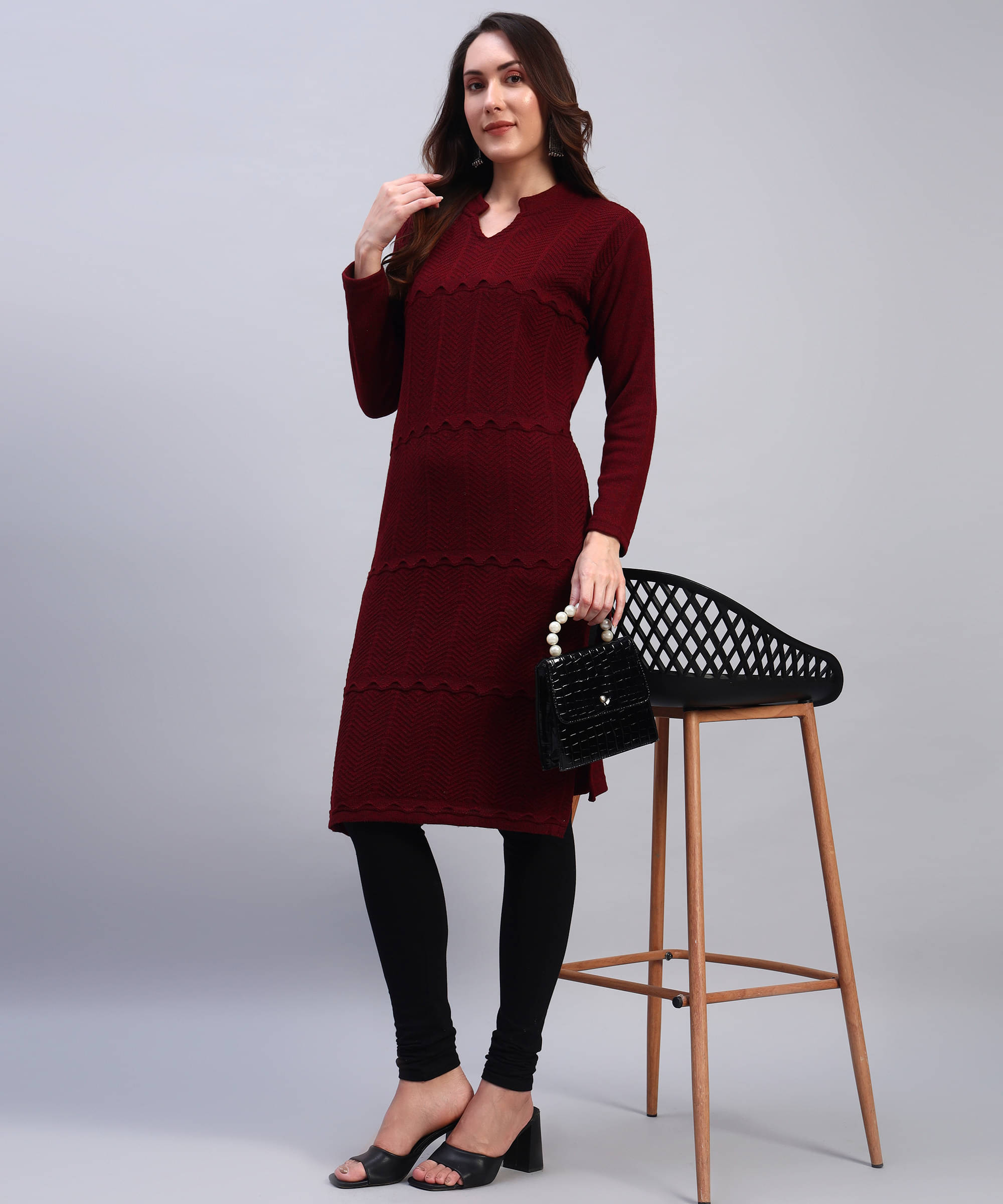 BRAYLES Women Woollen Self Design Straight Kurti ( Maroon ) BRAYLES Women Woollen Self Design Straight Kurti ( Maroon )