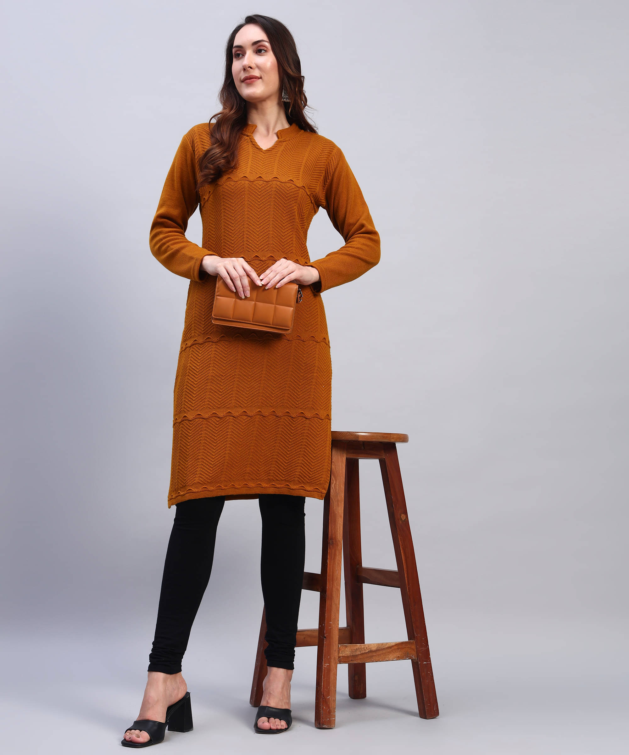     			BRAYLES Women Woollen Self Design Straight Kurti ( Mustard )