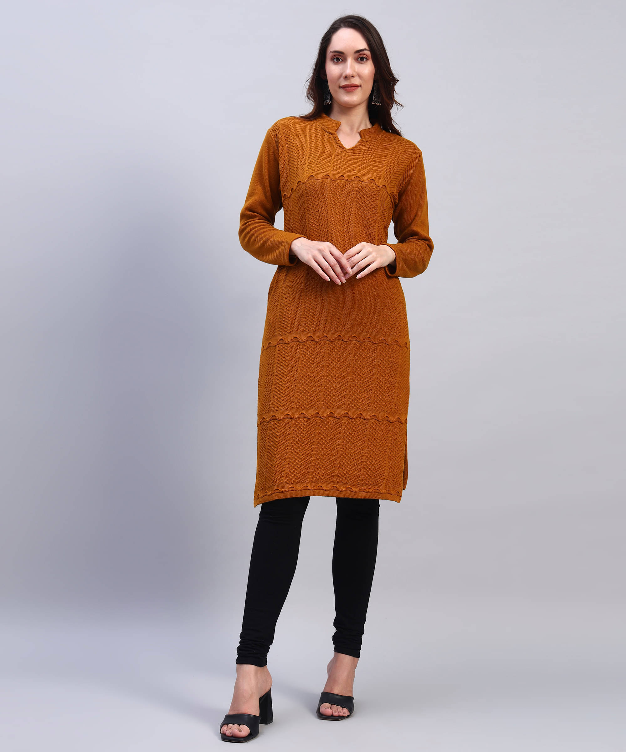     			BRAYLES Women Woollen Self Design Straight Kurti ( Mustard )