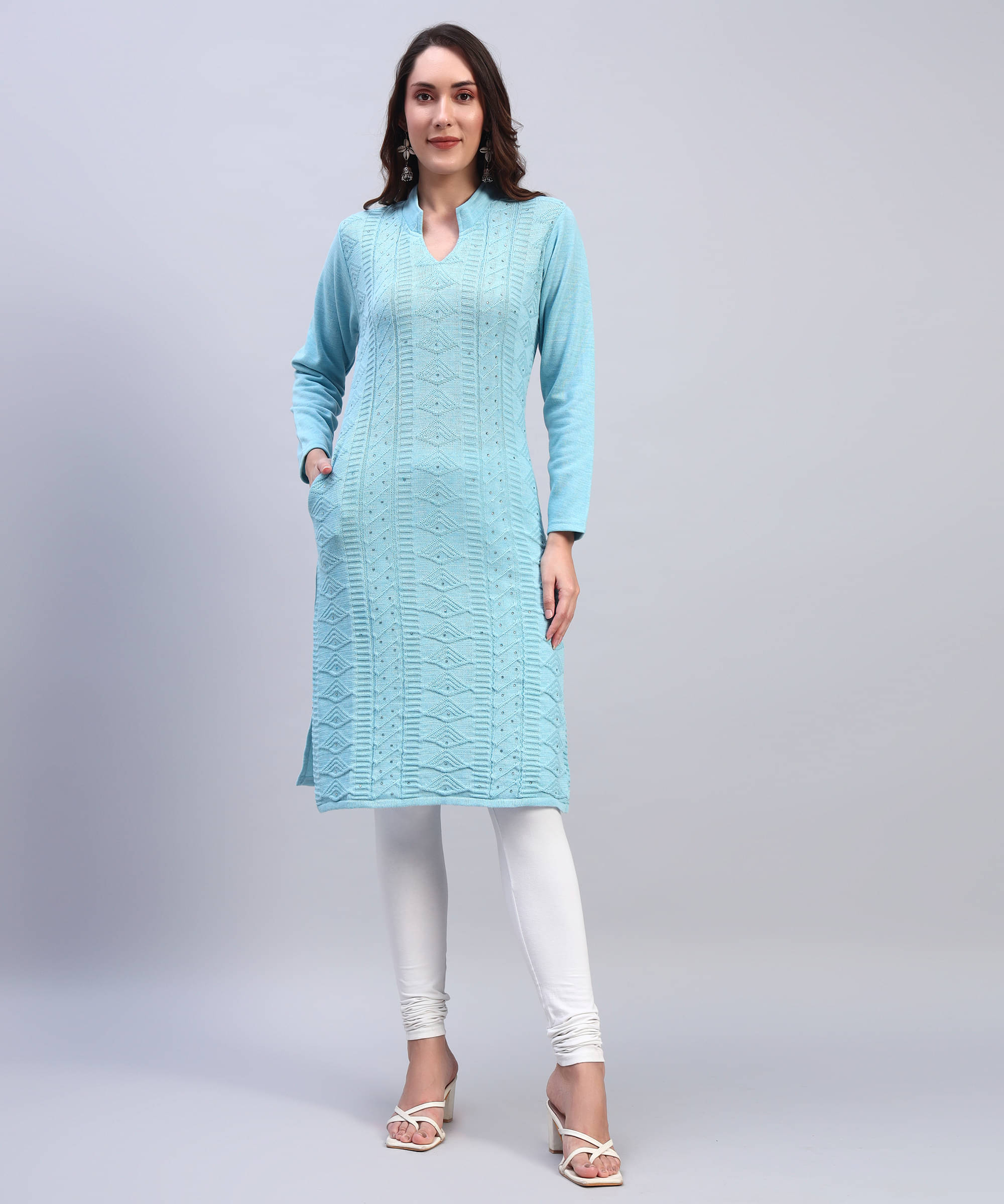     			BRAYLES Women Woollen Self Design Straight Kurti ( Light Blue )