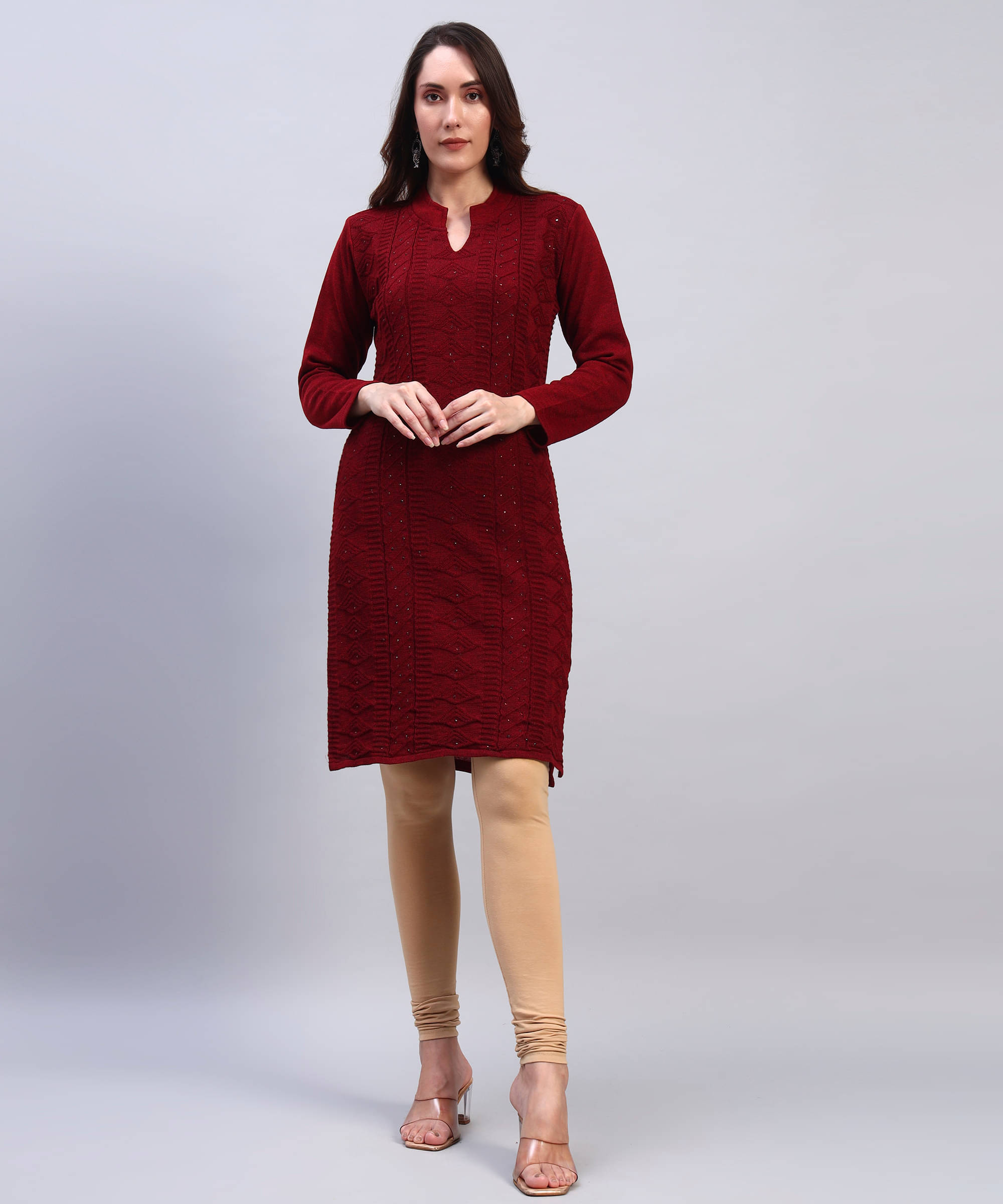 BRAYLES Women Woollen Self Design Straight Kurti ( Maroon )     			BRAYLES Women Woollen Self Design Straight Kurti ( Maroon )