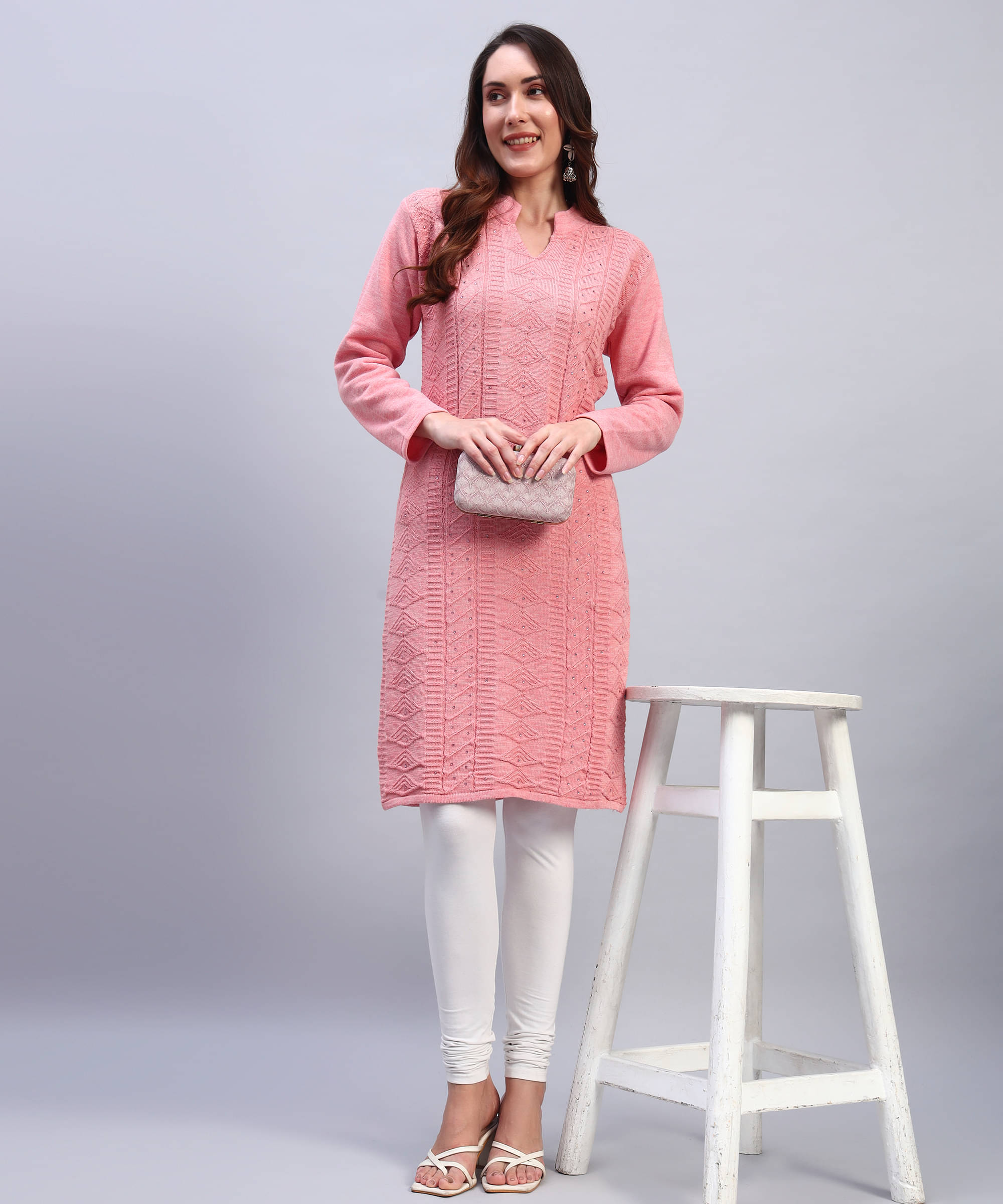     			BRAYLES Women Woollen Self Design Straight Kurti ( Peach )