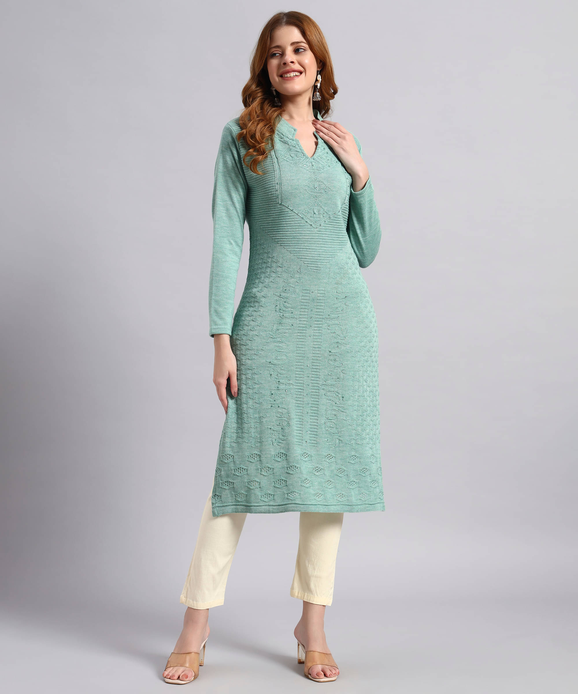     			BRAYLES Women Woollen Self Design Straight Kurti ( Green )