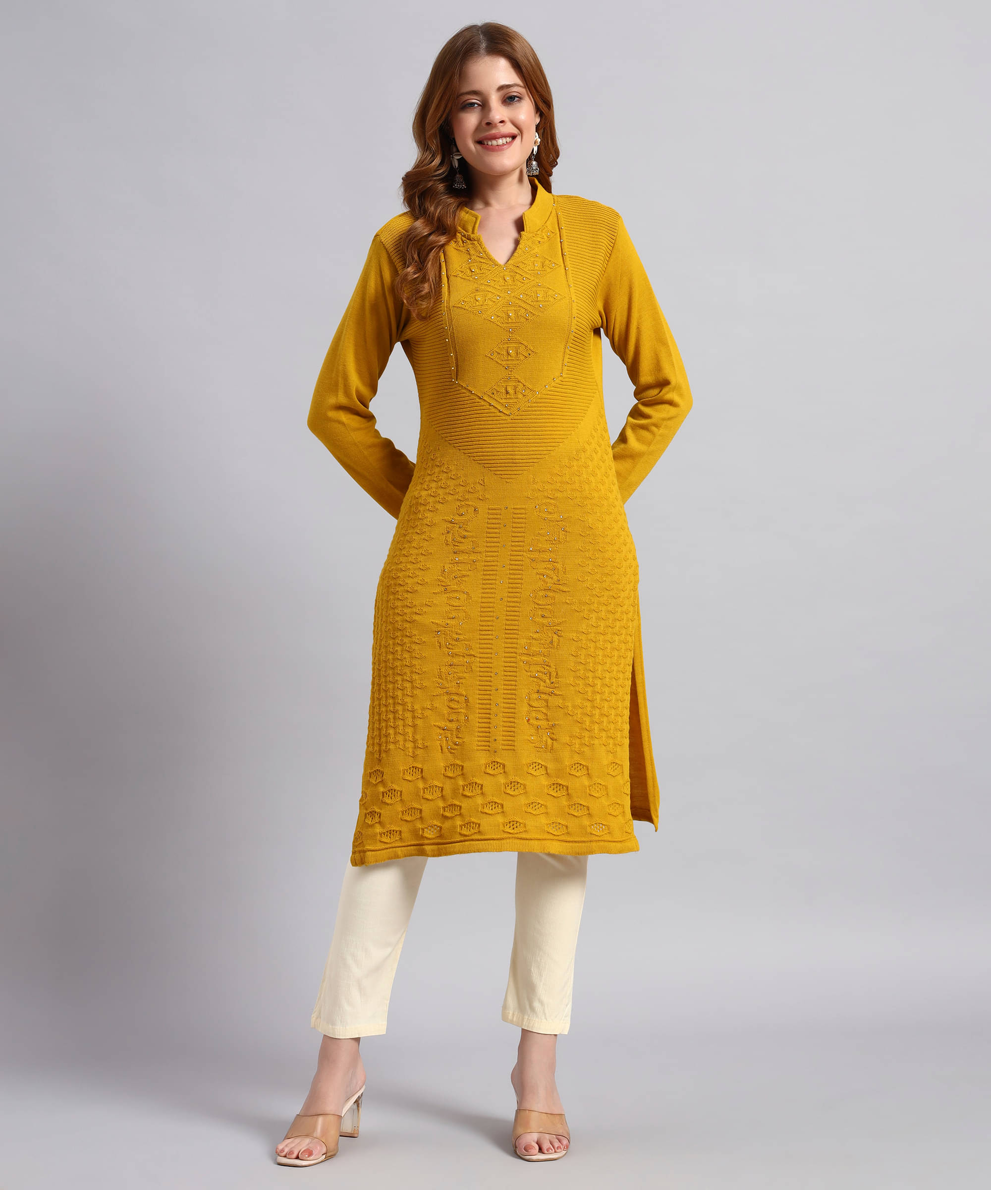 DUCOHIVE Women Woollen Self Design Straight Kurti ( Mustard )     			DUCOHIVE Women Woollen Self Design Straight Kurti ( Mustard )