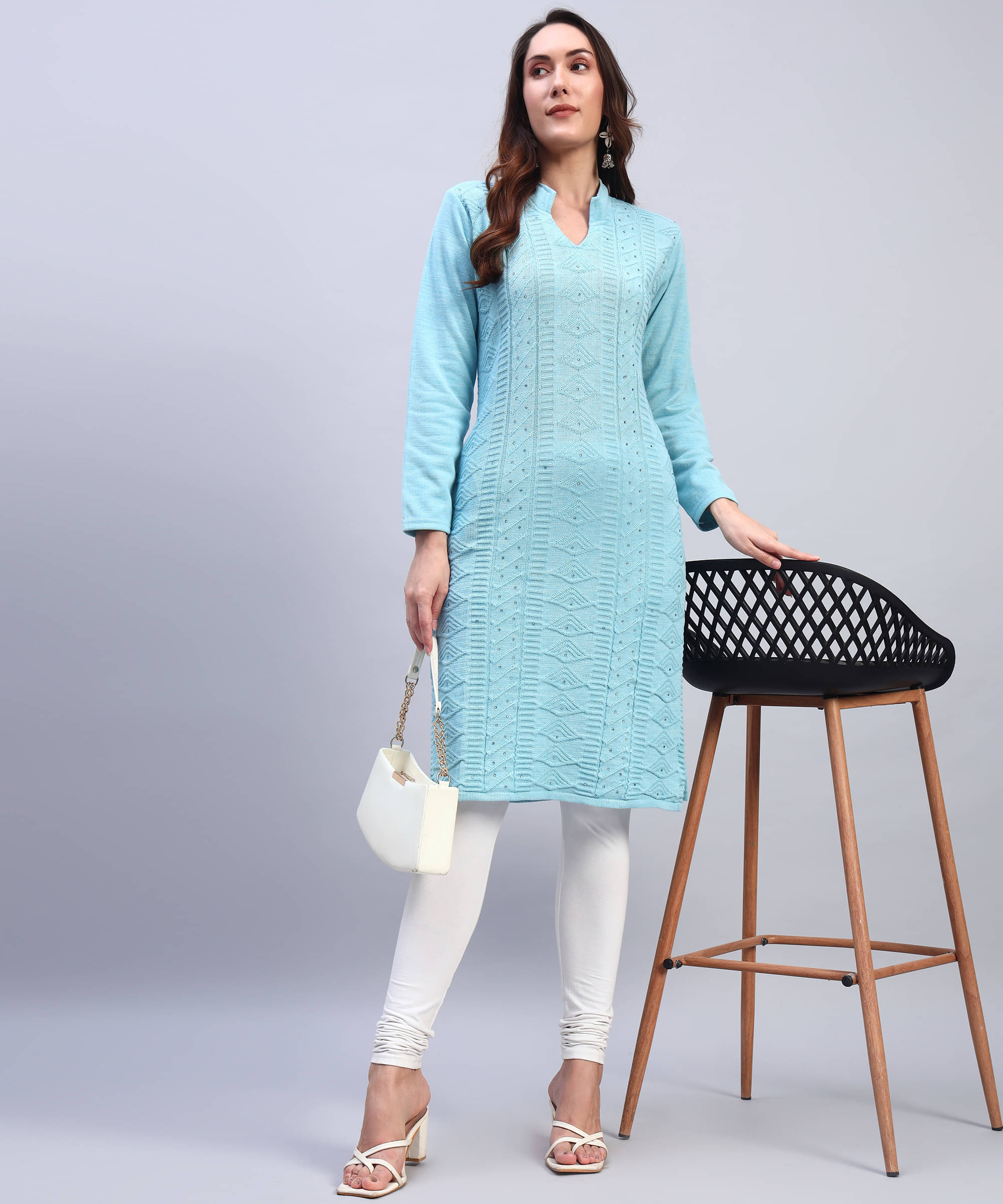     			DUCOHIVE Women Woollen Self Design Straight Kurti ( Light Blue )