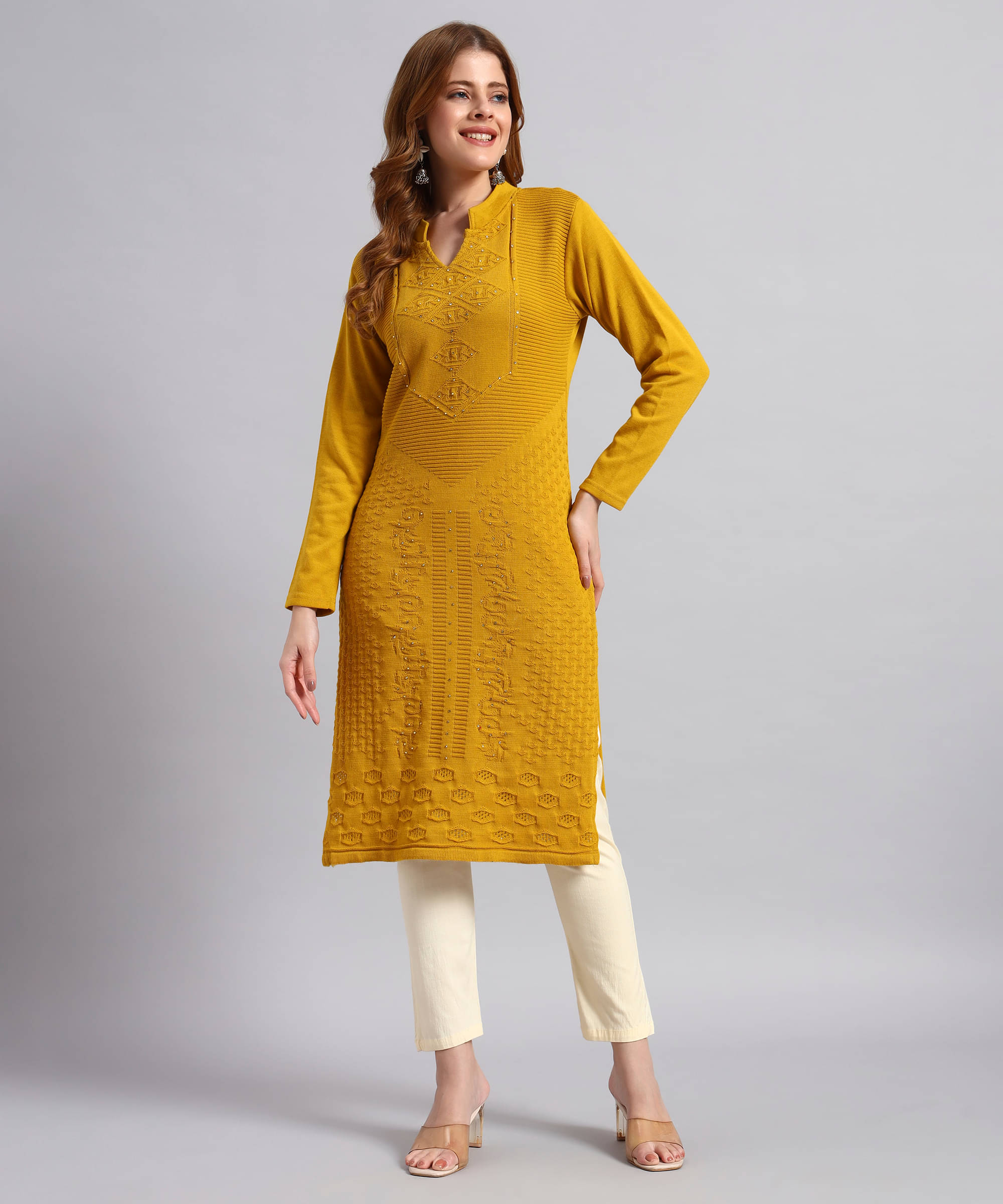     			DUCOHIVE Women Woollen Self Design Straight Kurti ( Mustard )