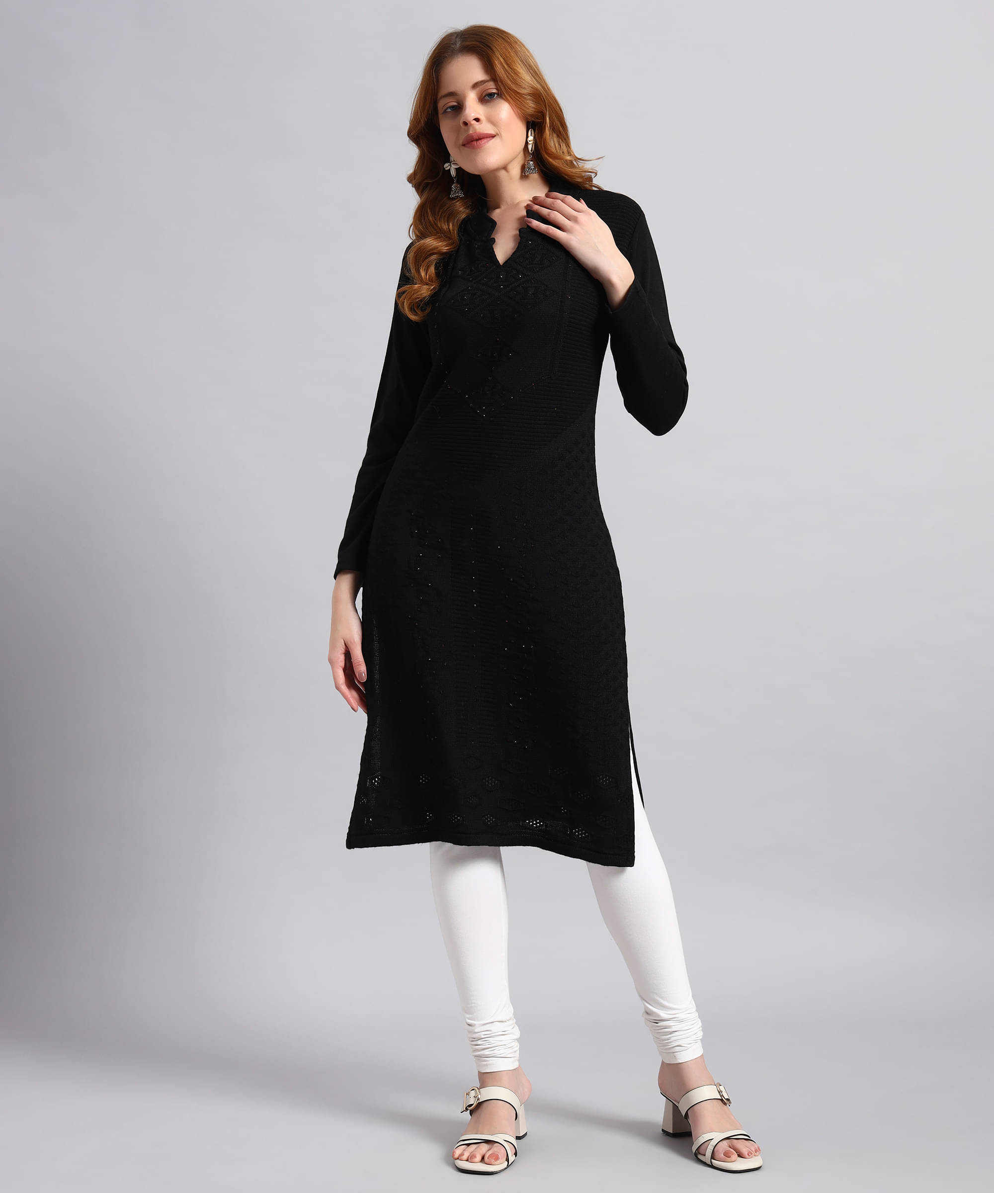     			DUCOHIVE Women Woollen Self Design Straight Kurti ( Black )