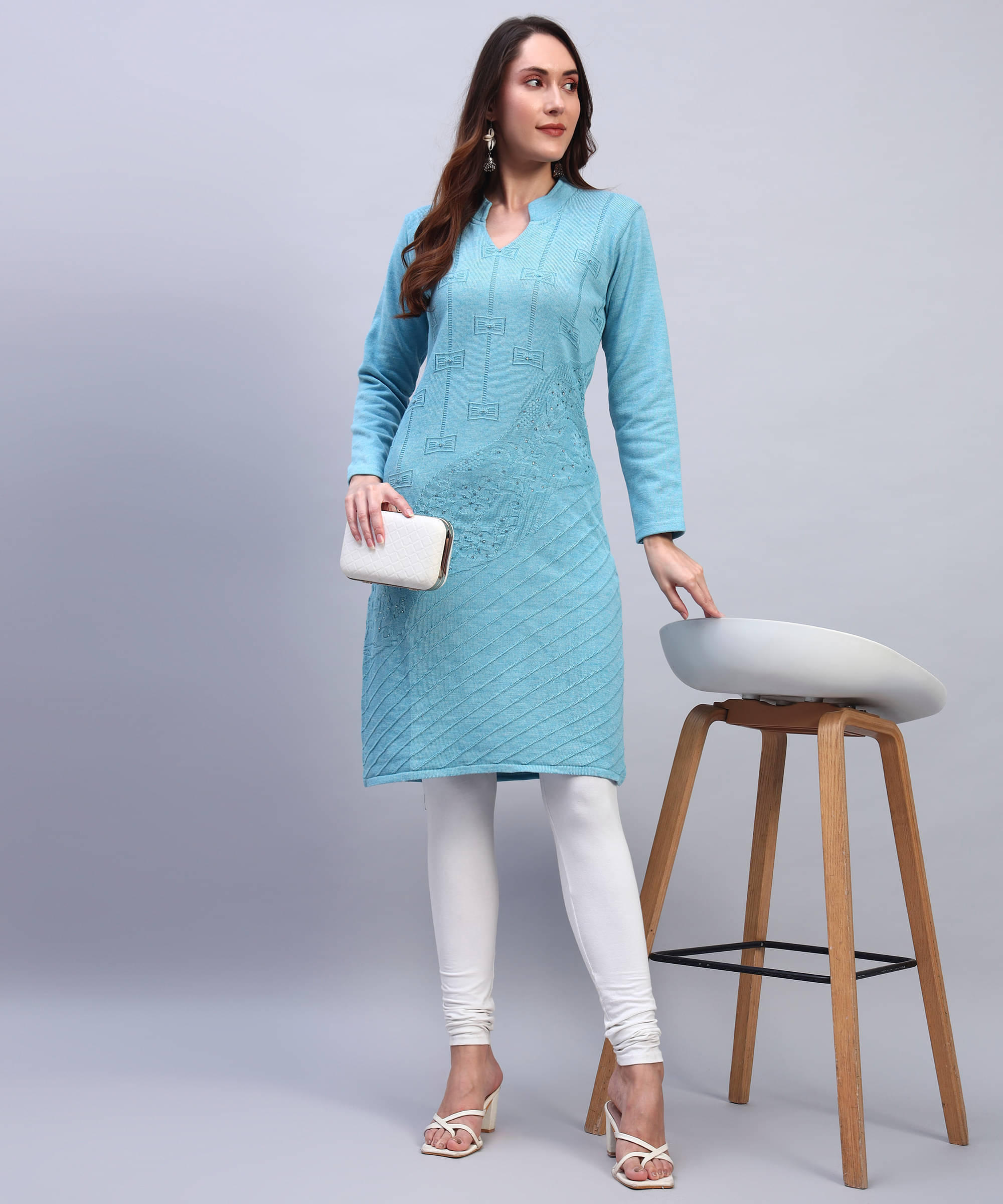     			DUCOHIVE Women Woollen Self Design Straight Kurti ( Light Blue )