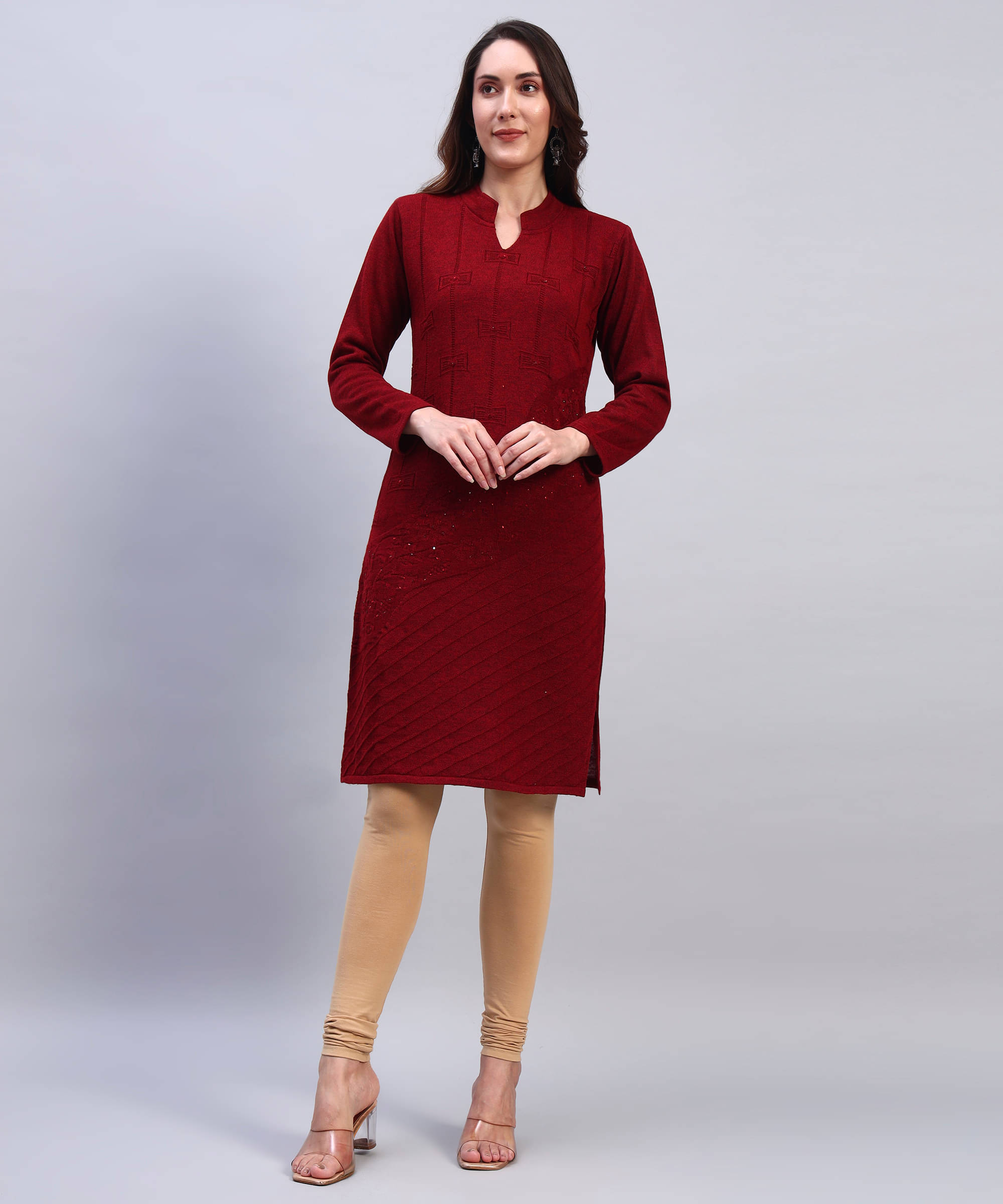 DUCOHIVE Women Woollen Self Design Straight Kurti ( Maroon )     			DUCOHIVE Women Woollen Self Design Straight Kurti ( Maroon )