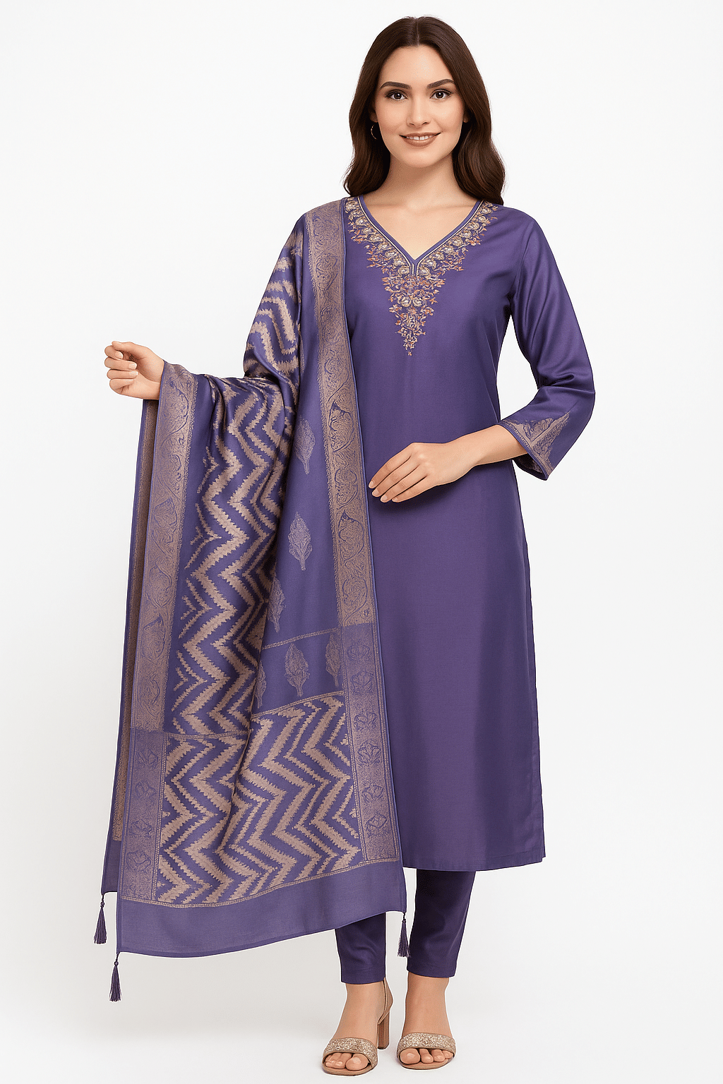     			Daughters Enterprise Women Silk Embroidered Straight Kurti With Pants ( Purple )