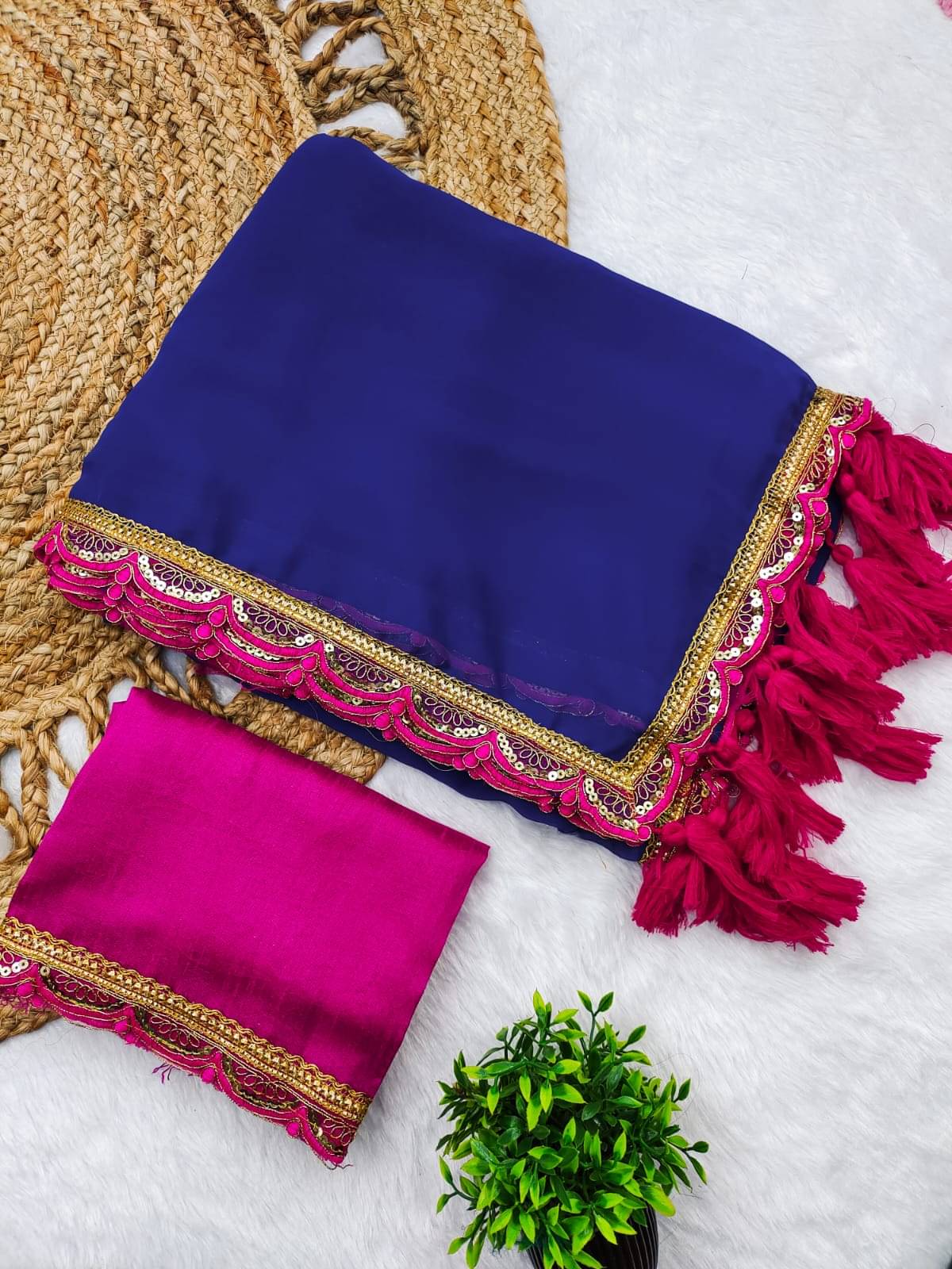     			FAZ STUDIOS Georgette Embellished Banarasi saree With Unstitched Blouse Piece ( Blue,Pink )