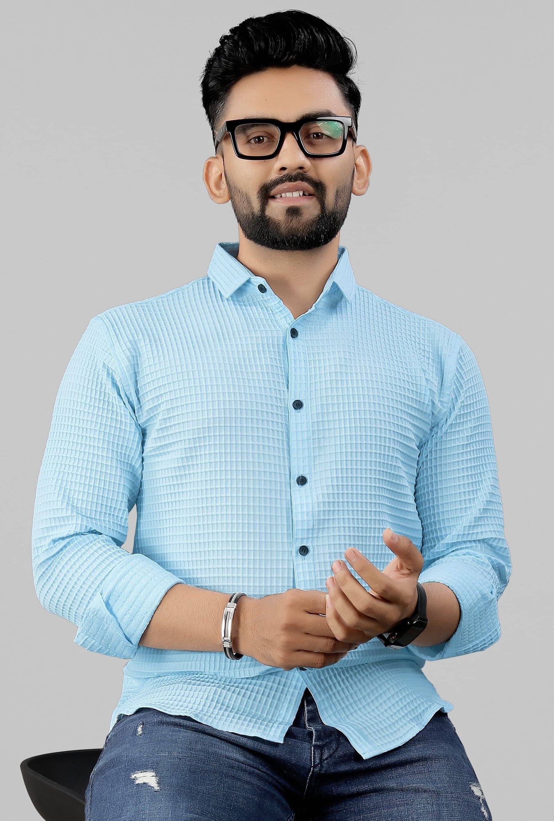     			Fabzy Poly Cotton Regular Fit Self Design Full Sleeves Men's Casual Shirt - Light Blue ( Pack of 1 )