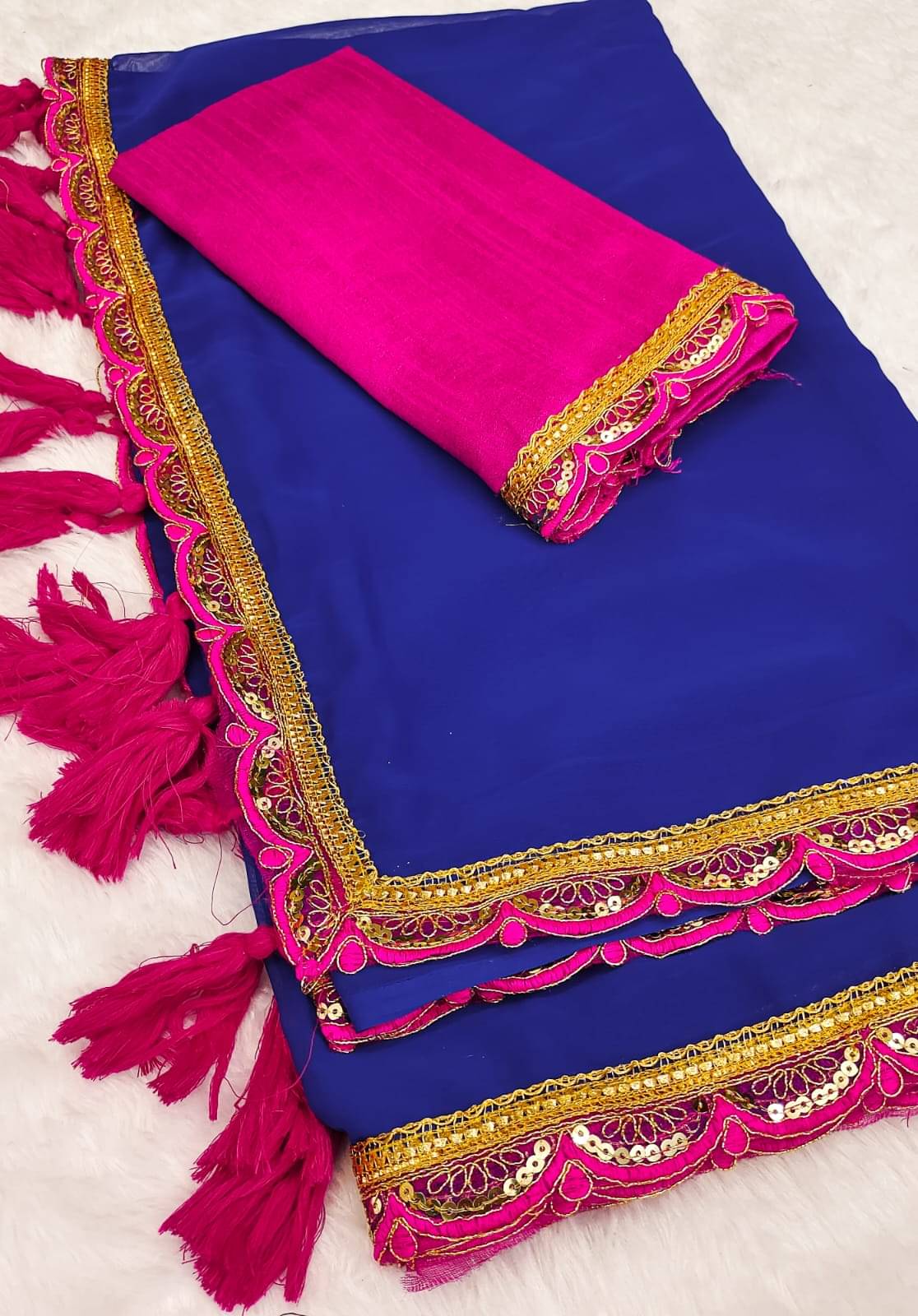     			Faz Collection Georgette Embellished Banarasi saree With Unstitched Blouse Piece ( Blue,Pink )