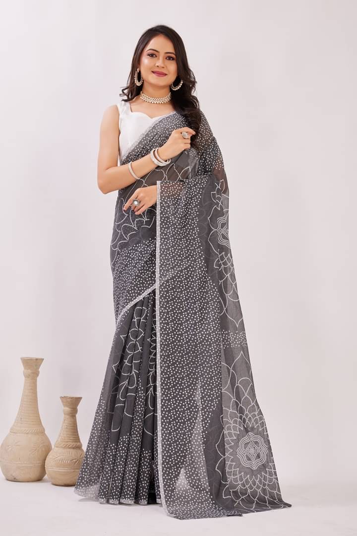     			GENRIC 01 Chanderi Printed Bandhani Sarees With Unstitched Blouse Piece ( Grey )
