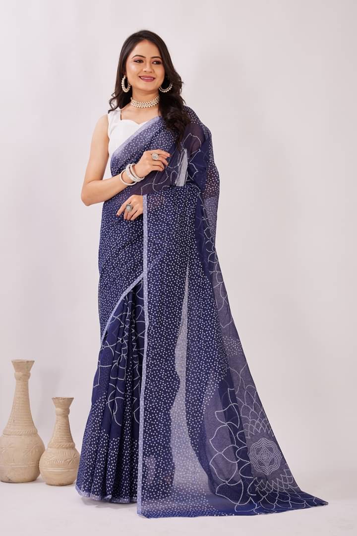     			GENRIC 01 Chanderi Printed Bandhani Sarees With Unstitched Blouse Piece ( Navy Blue )