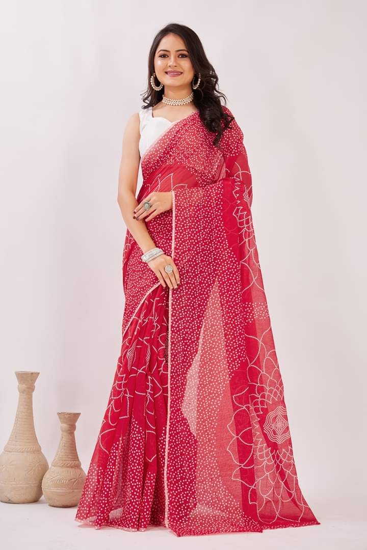     			GENRIC 01 Chanderi Printed Bandhani Sarees With Unstitched Blouse Piece ( Red )