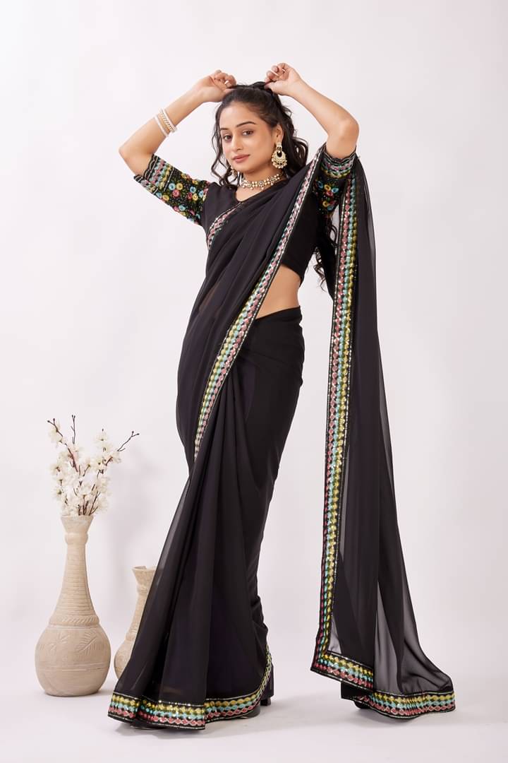     			GENRIC 01 Georgette Self Design Regular Saree With Unstitched Blouse Piece ( Black )
