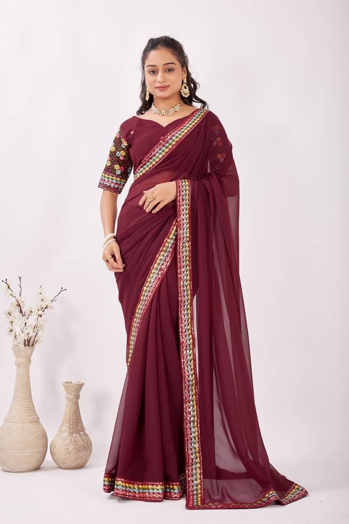     			GENRIC 01 Georgette Self Design Regular Saree With Unstitched Blouse Piece ( Maroon )