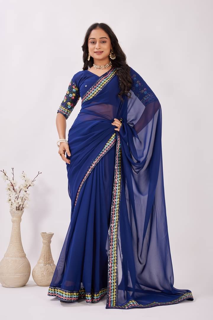     			GENRIC 01 Georgette Self Design Regular Saree With Unstitched Blouse Piece ( Navy Blue )