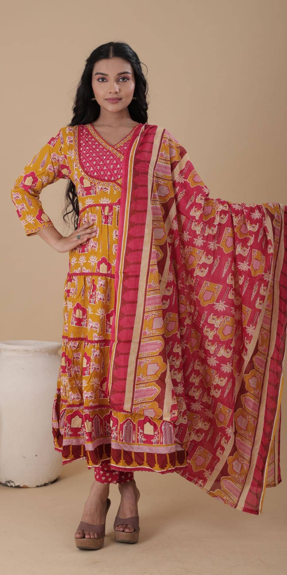     			HOUSE OF REVATI Women Rayon Printed Anarkali Kurti With Pants ( Multicoloured )