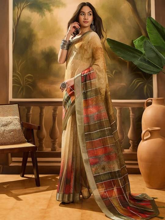     			JAY JAGANNATH FABEIC Linen Printed Regular Saree With Unstitched Blouse Piece ( Multicolor )