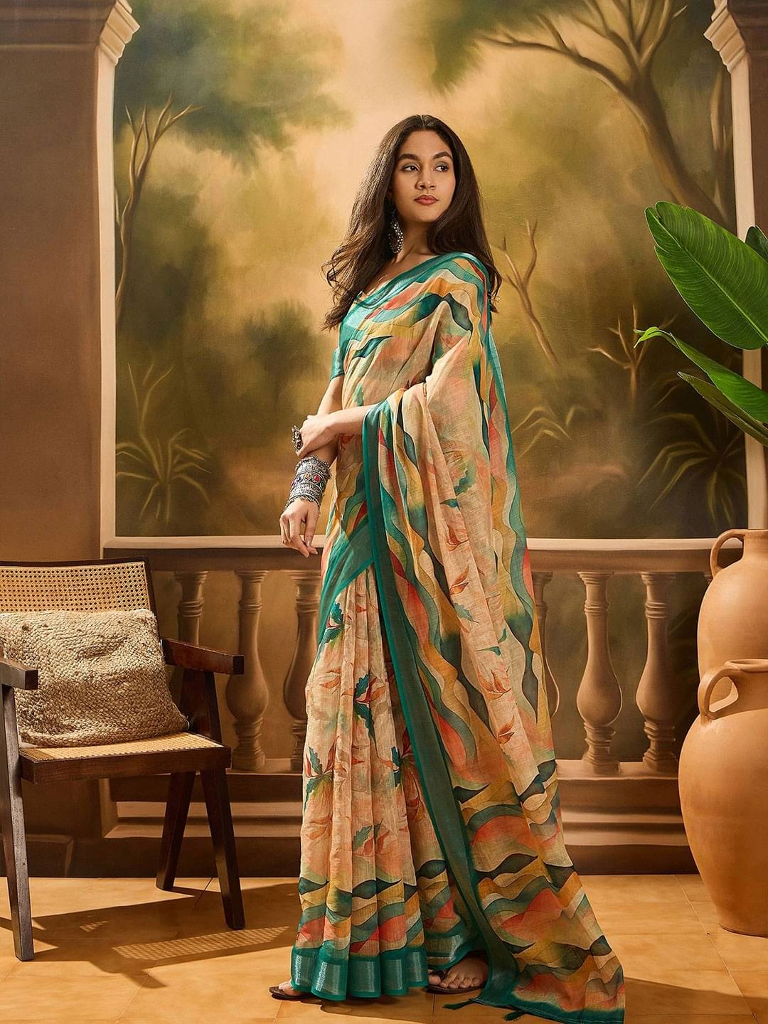     			JAY JAGANNATH FABEIC Linen Printed Regular Saree With Unstitched Blouse Piece ( Aqua Blue )