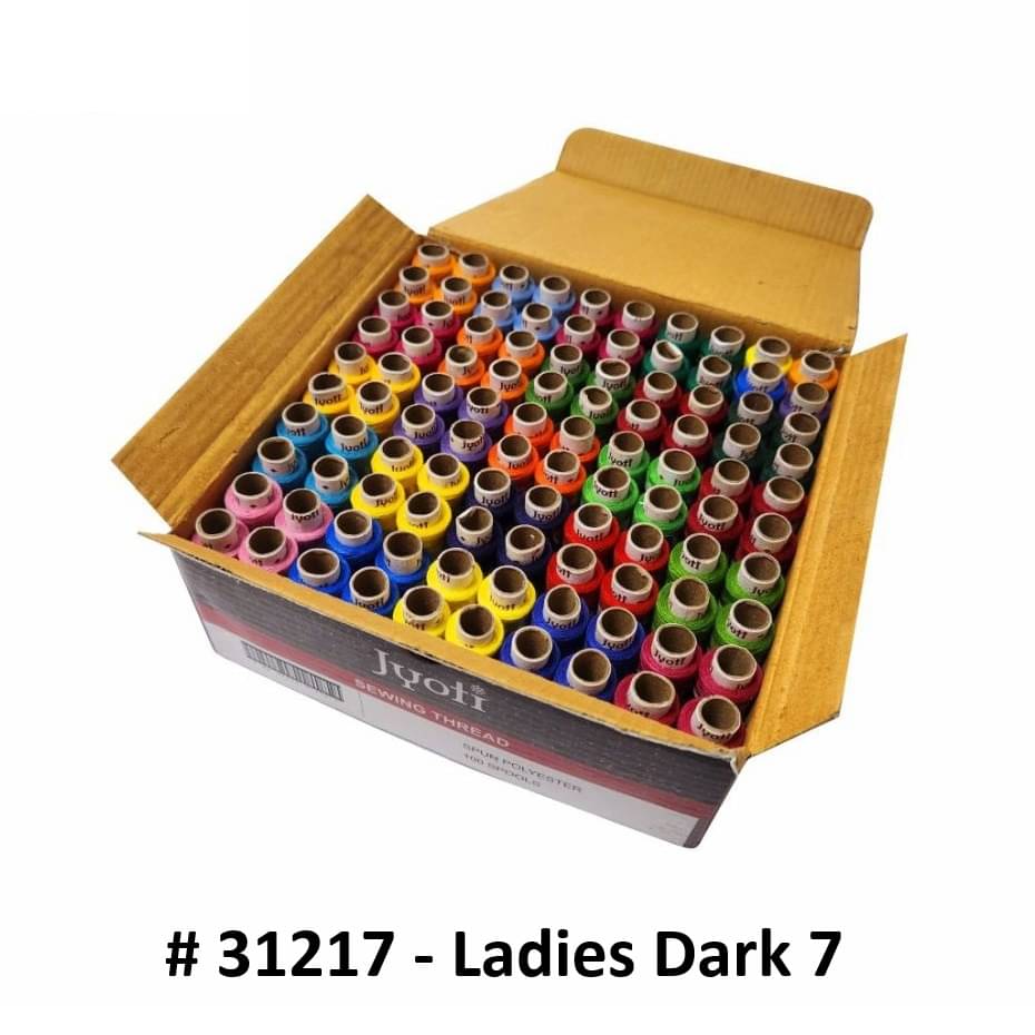     			Jyoti Sewing Thread Polyester, Sewing & Tailoring Craft, Ladies Special Dhaga, Spool for Stitching, Overlock, 2 Ply / 52 Count with Lubrication - # 31217, (100 Tubes of Ladies Dark in 180 Meters)