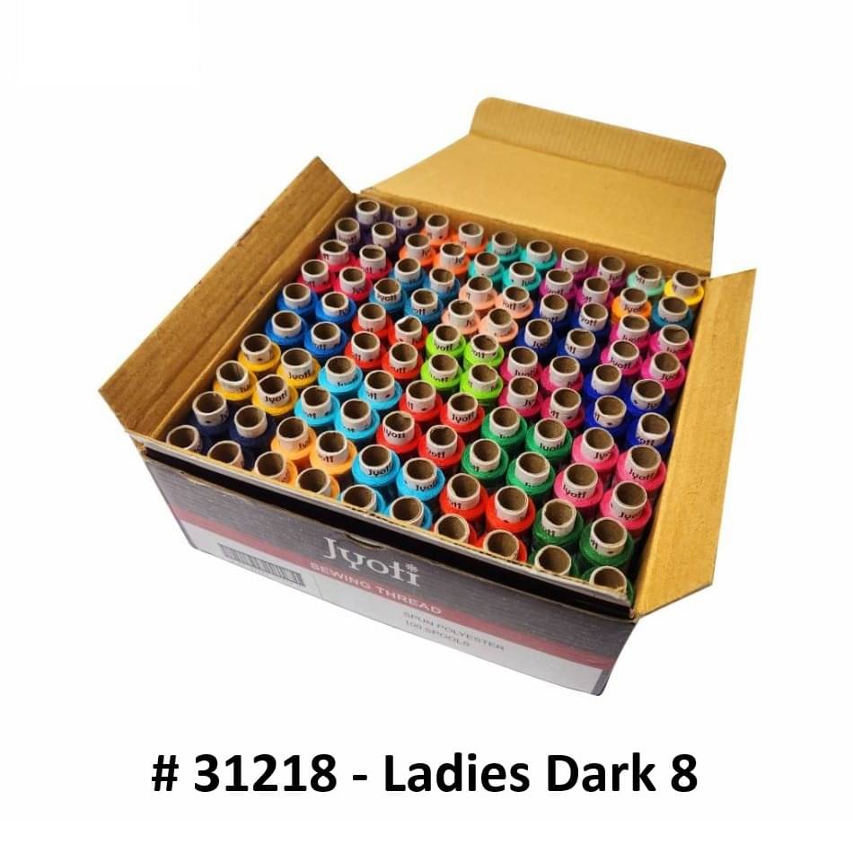     			Jyoti Sewing Thread Polyester, Sewing & Tailoring Craft, Ladies Special Dhaga, Spool for Stitching, Overlock, 2 Ply / 52 Count with Lubrication - # 31218, (100 Tubes of Ladies Dark in 180 Meters)