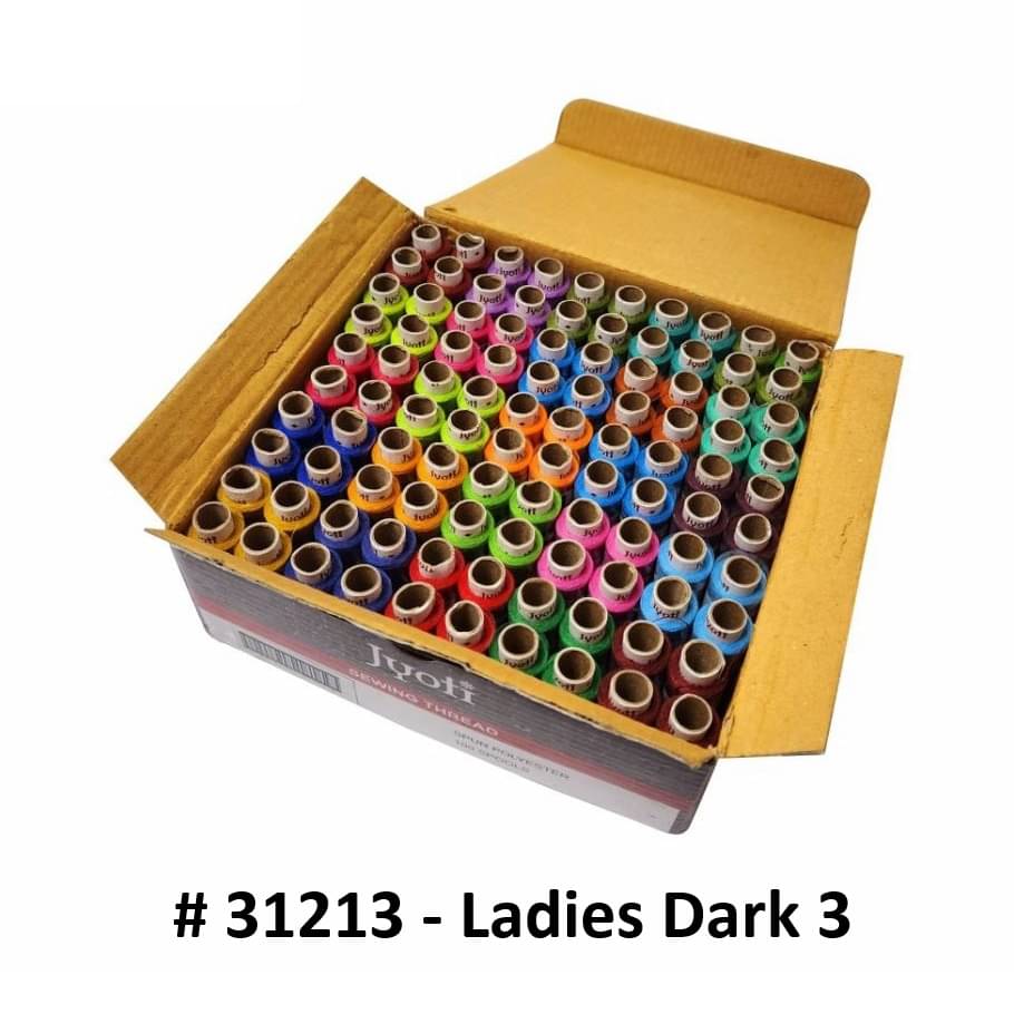     			Jyoti Sewing Thread Polyester, Sewing & Tailoring Craft, Ladies Special Dhaga, Spool for Stitching, Overlock, 2 Ply / 52 Count with Lubrication - # 31213, (100 Tubes of Ladies Dark in 180 Meters)