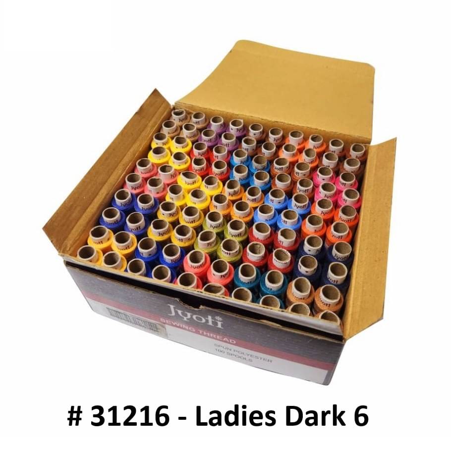     			Jyoti Sewing Thread Polyester, Sewing & Tailoring Craft, Ladies Special Dhaga, Spool for Stitching, Overlock, 2 Ply / 52 Count with Lubrication - # 31216, (100 Tubes of Ladies Dark in 180 Meters)