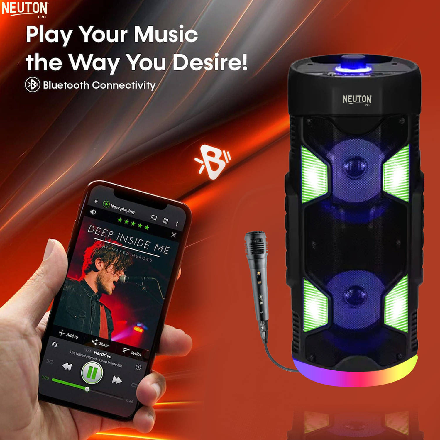     			NEUTON PRO PLAY 40 W Bluetooth Speaker Bluetooth v5.0 with USB,SD card Slot,Aux Playback Time 4 hrs Black