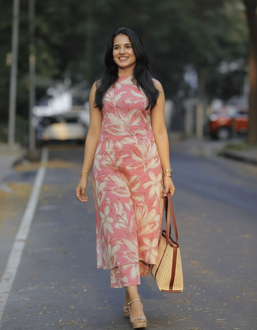 Nirja Fab Women Cotton Blend Printed A-line Kurti With Pants ( Pink )