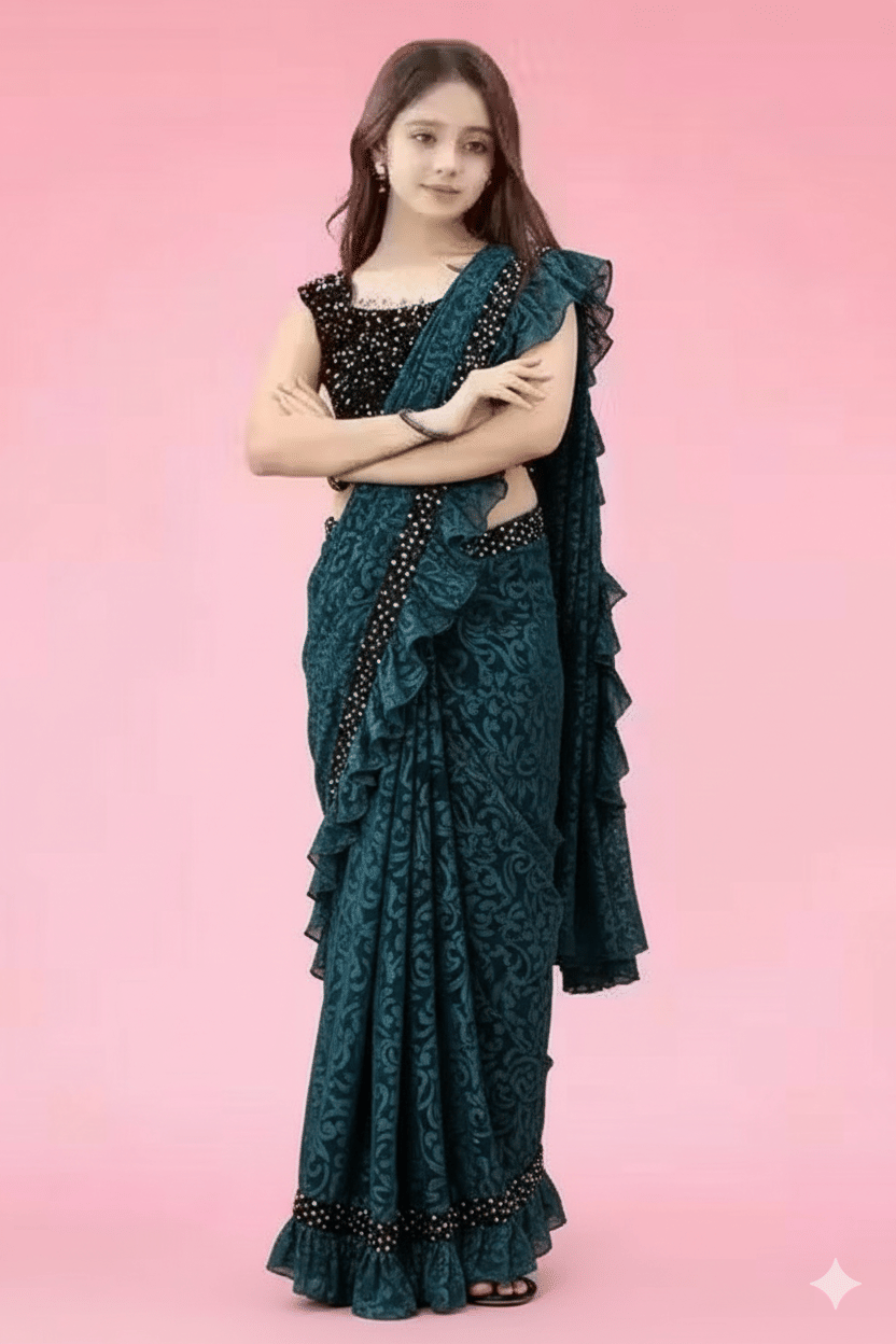     			PALKAANO Lycra Ready To Wear Saree For Girls ( Teal , Pack of 1 )
