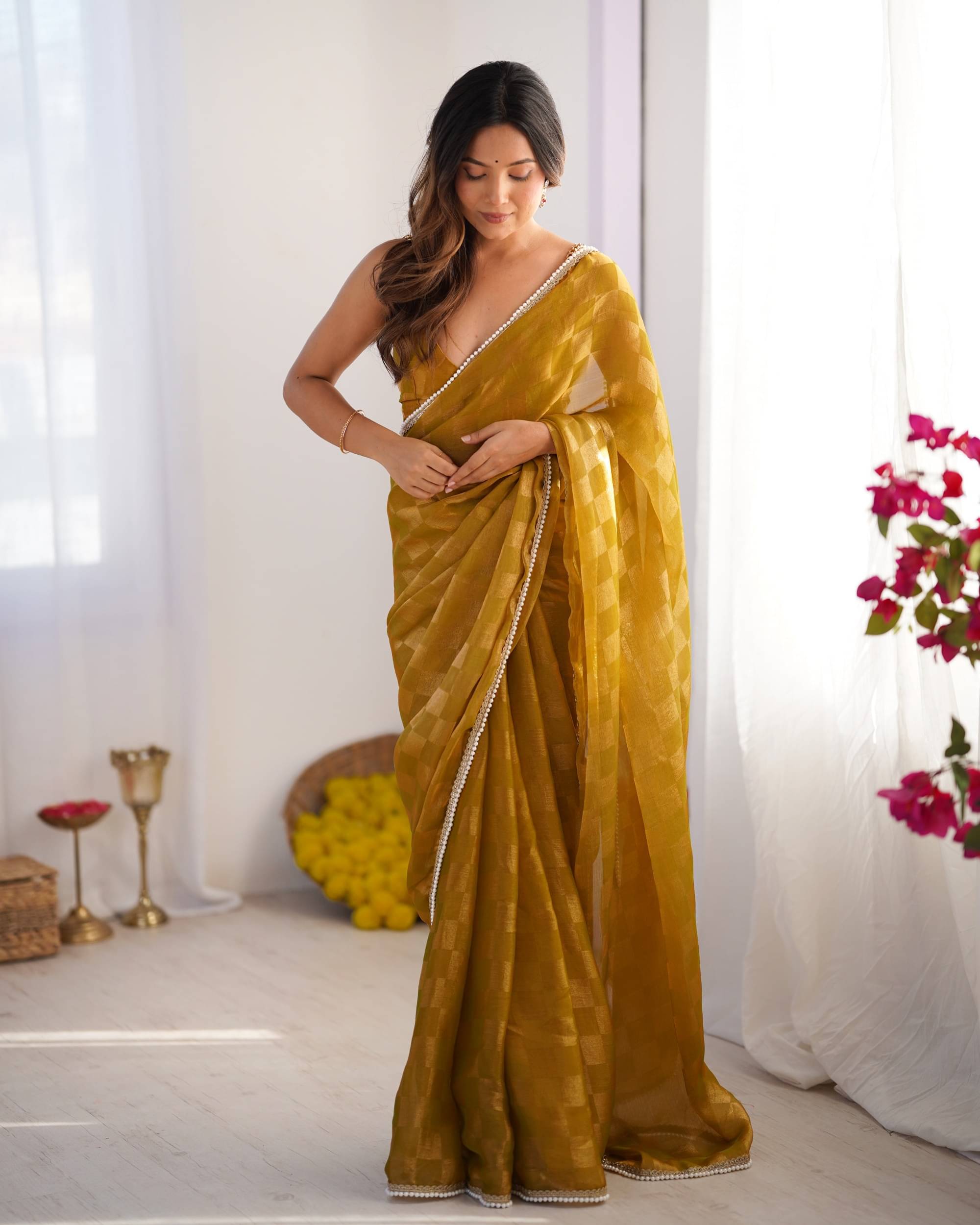     			PANZORA Chiffon Solid Regular Saree Without Blouse Piece ( Gold )