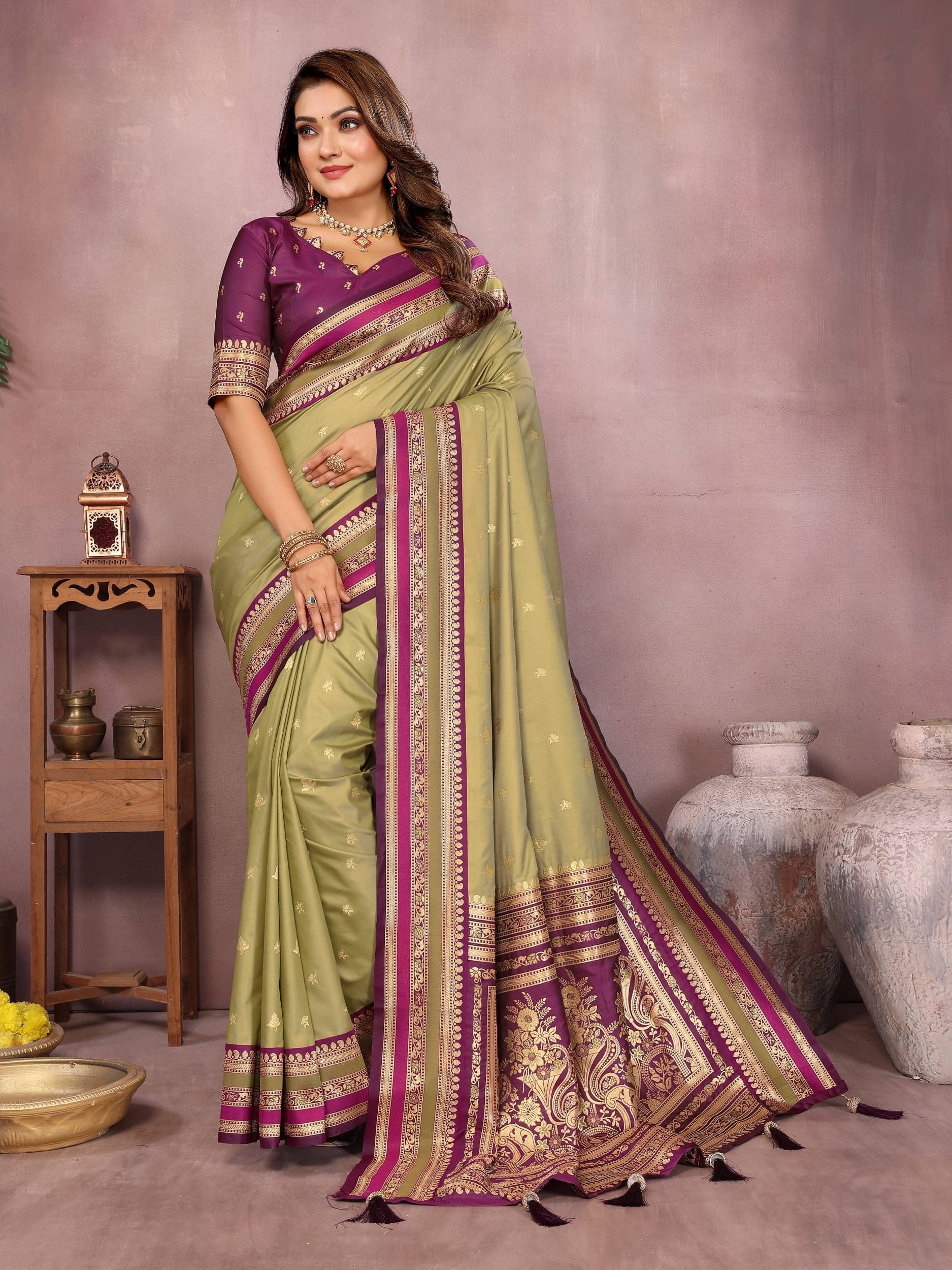 PANZORA Silk Solid Regular Saree Without Blouse Piece ( Olive ) PANZORA Silk Solid Regular Saree Without Blouse Piece ( Olive )