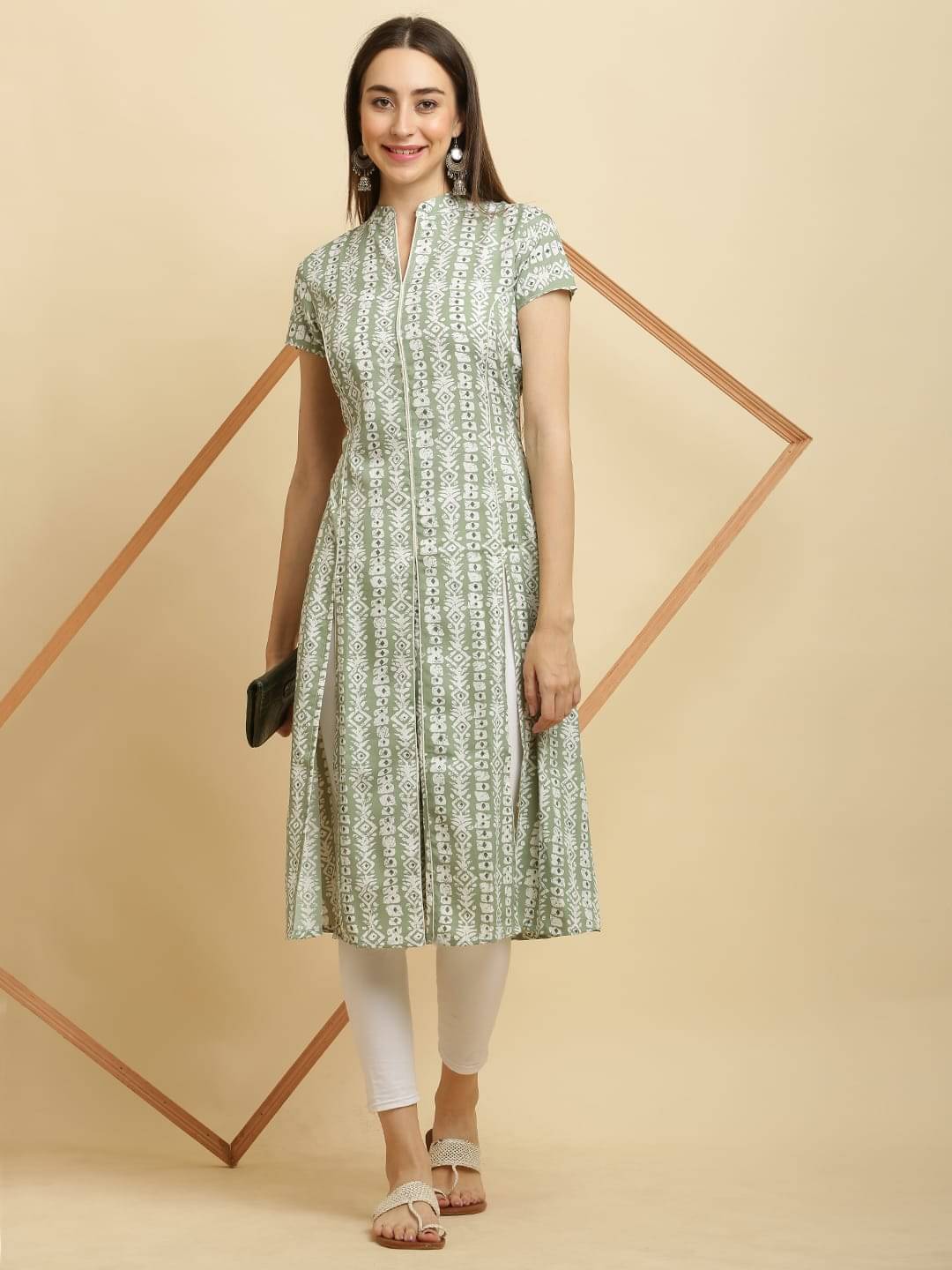     			PSMAAG Women Cotton Blend Printed A-line Kurti ( Green )