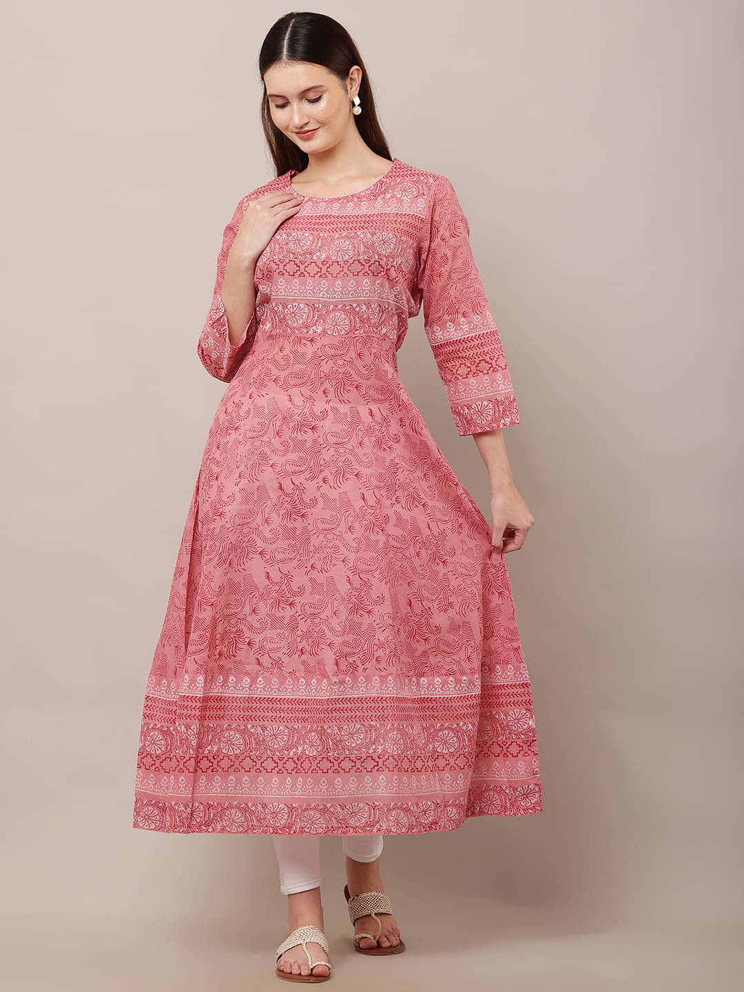     			PSMAAG Women Cotton Blend Printed Anarkali Kurti ( Pink )