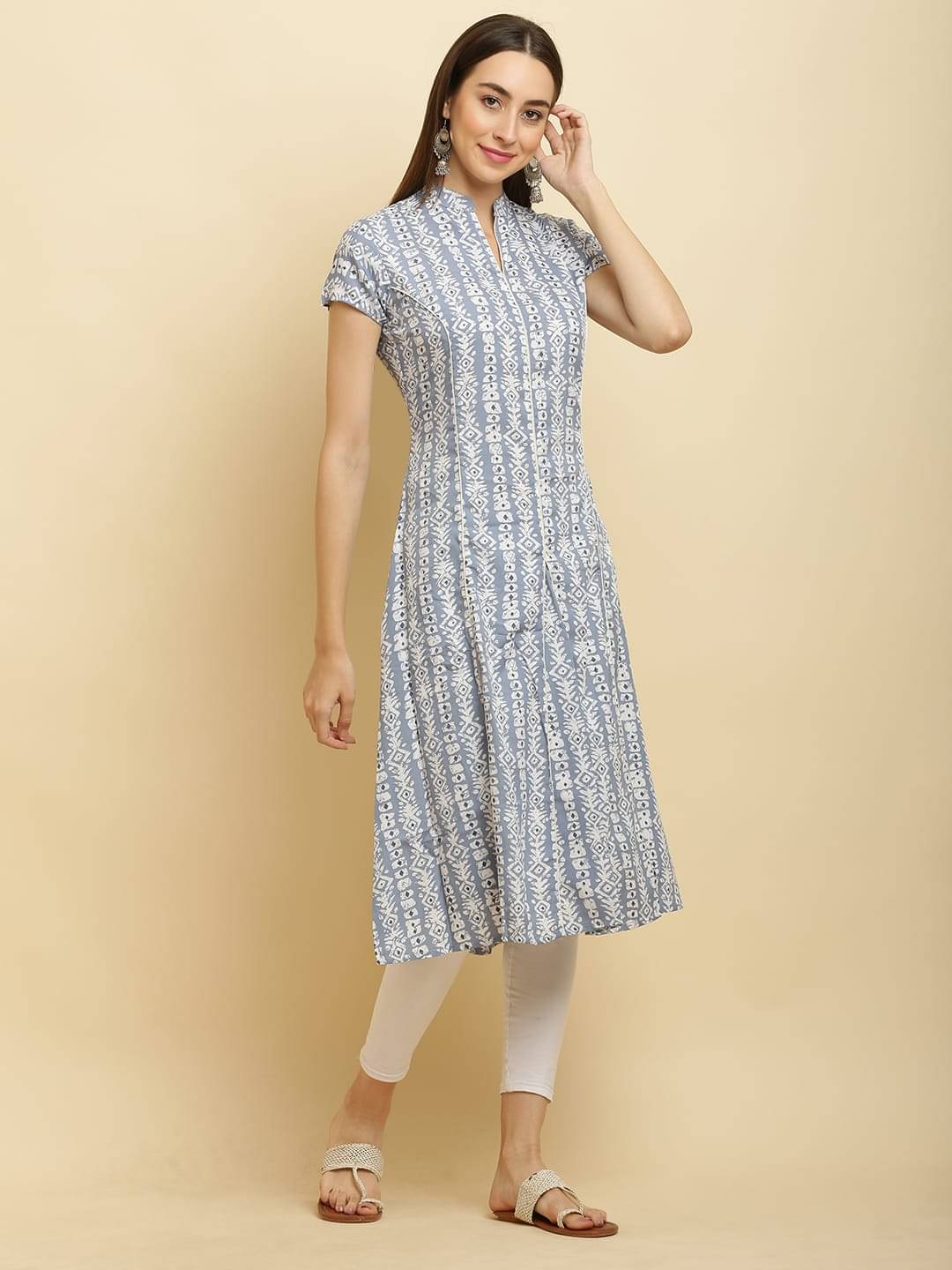     			PSMAAG Women Cotton Blend Printed A-line Kurti ( Grey )