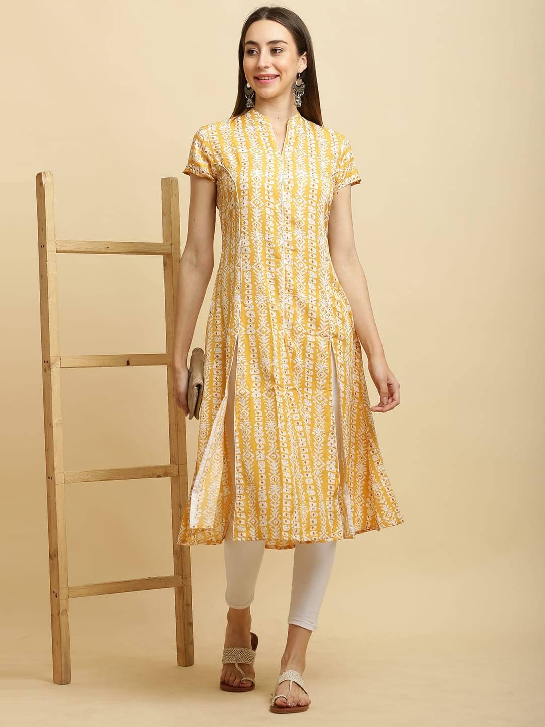     			PSMAAG Women Cotton Blend Printed A-line Kurti ( Yellow )