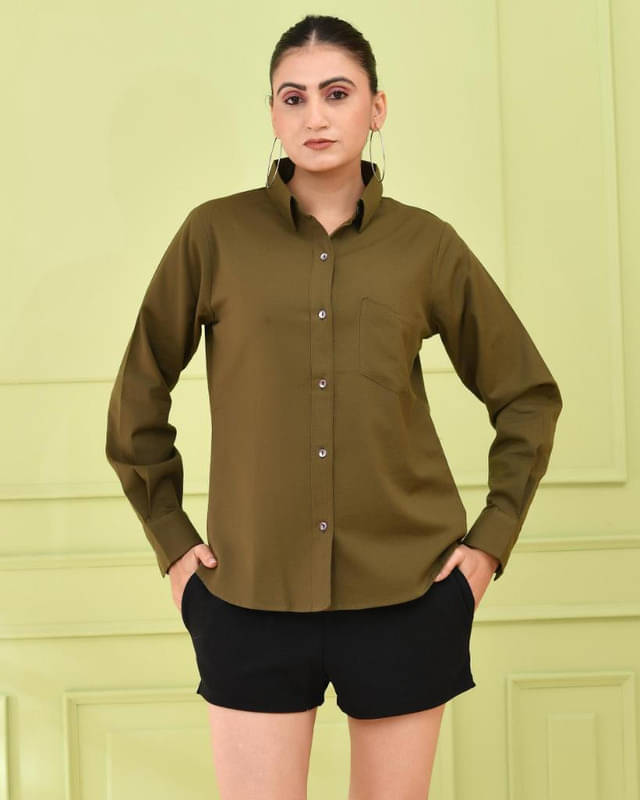 SIDDHO HUM Women Solid Cotton Shirt ( Beige )     			SIDDHO HUM Women Solid Cotton Shirt ( Beige )