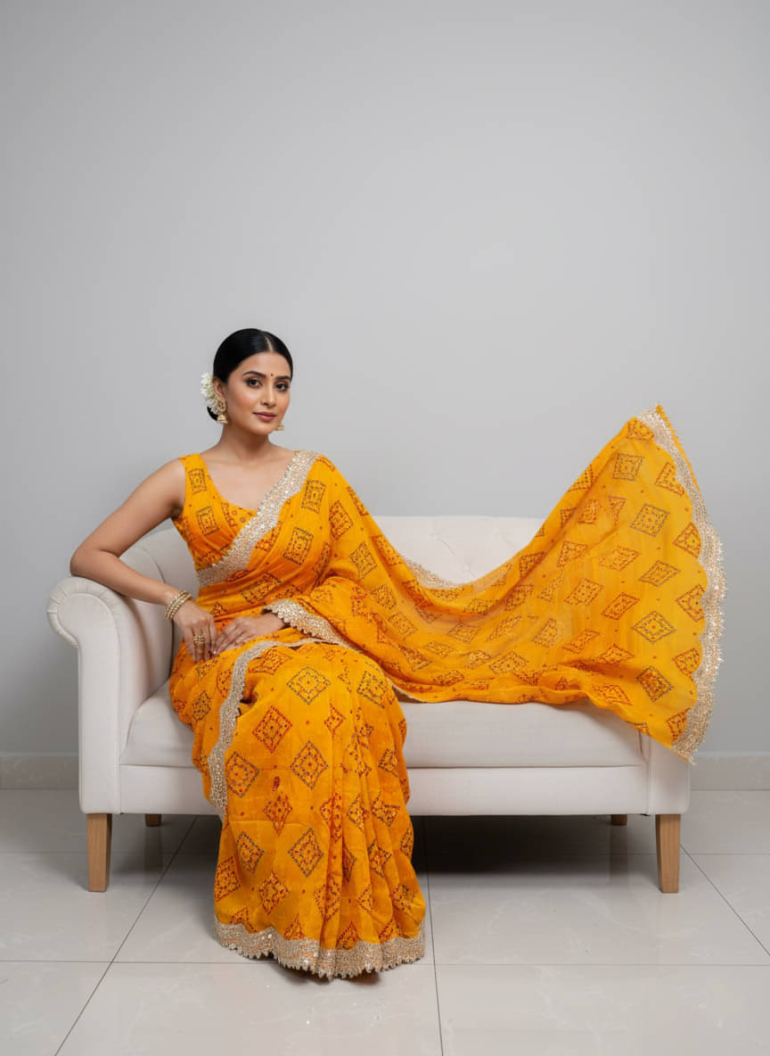     			Sareez House Chiffon Printed Bandhani Sarees With Unstitched Blouse Piece ( Gold )
