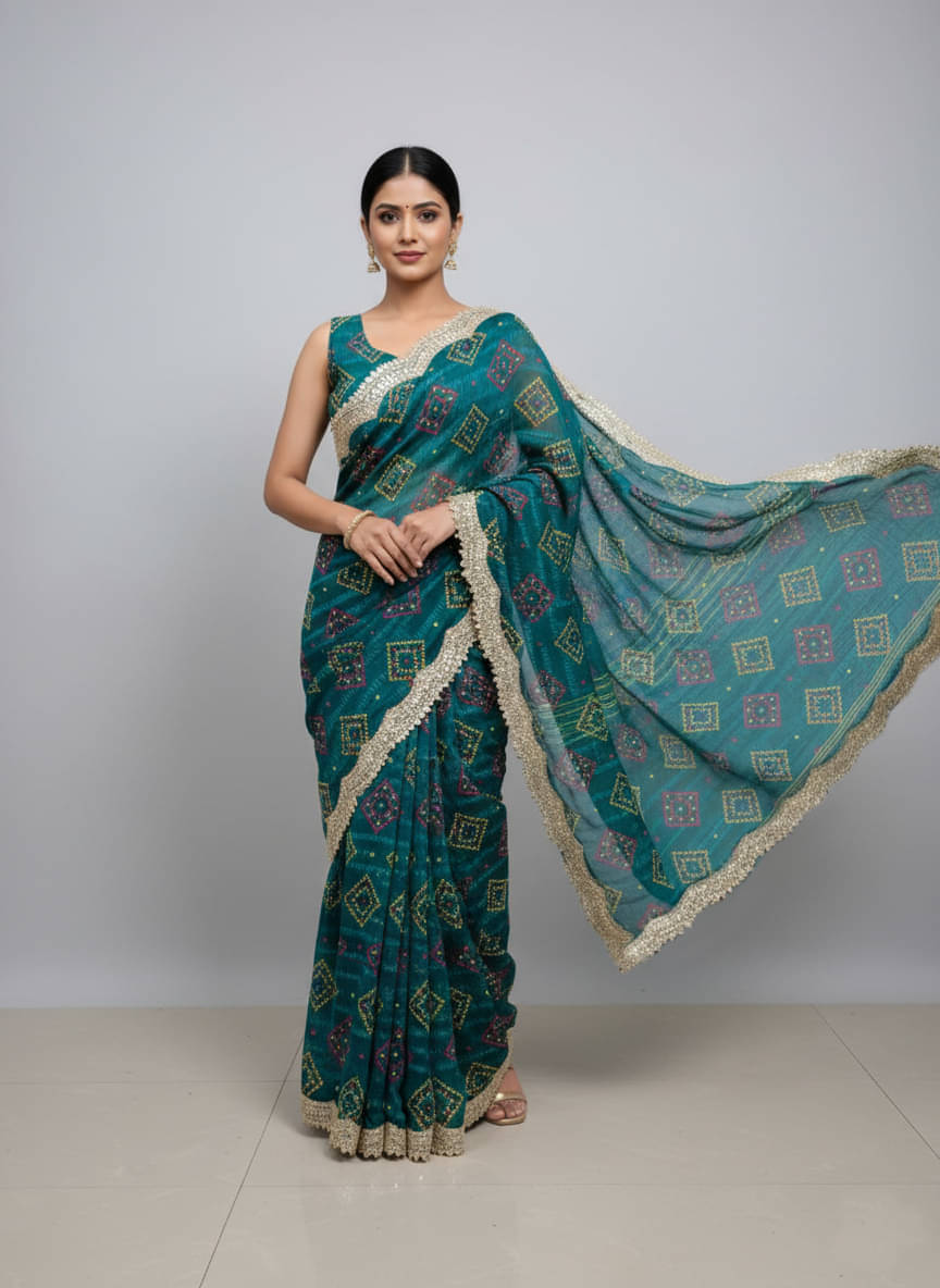     			Sareez House Chiffon Printed Bandhani Sarees With Unstitched Blouse Piece ( Rama )