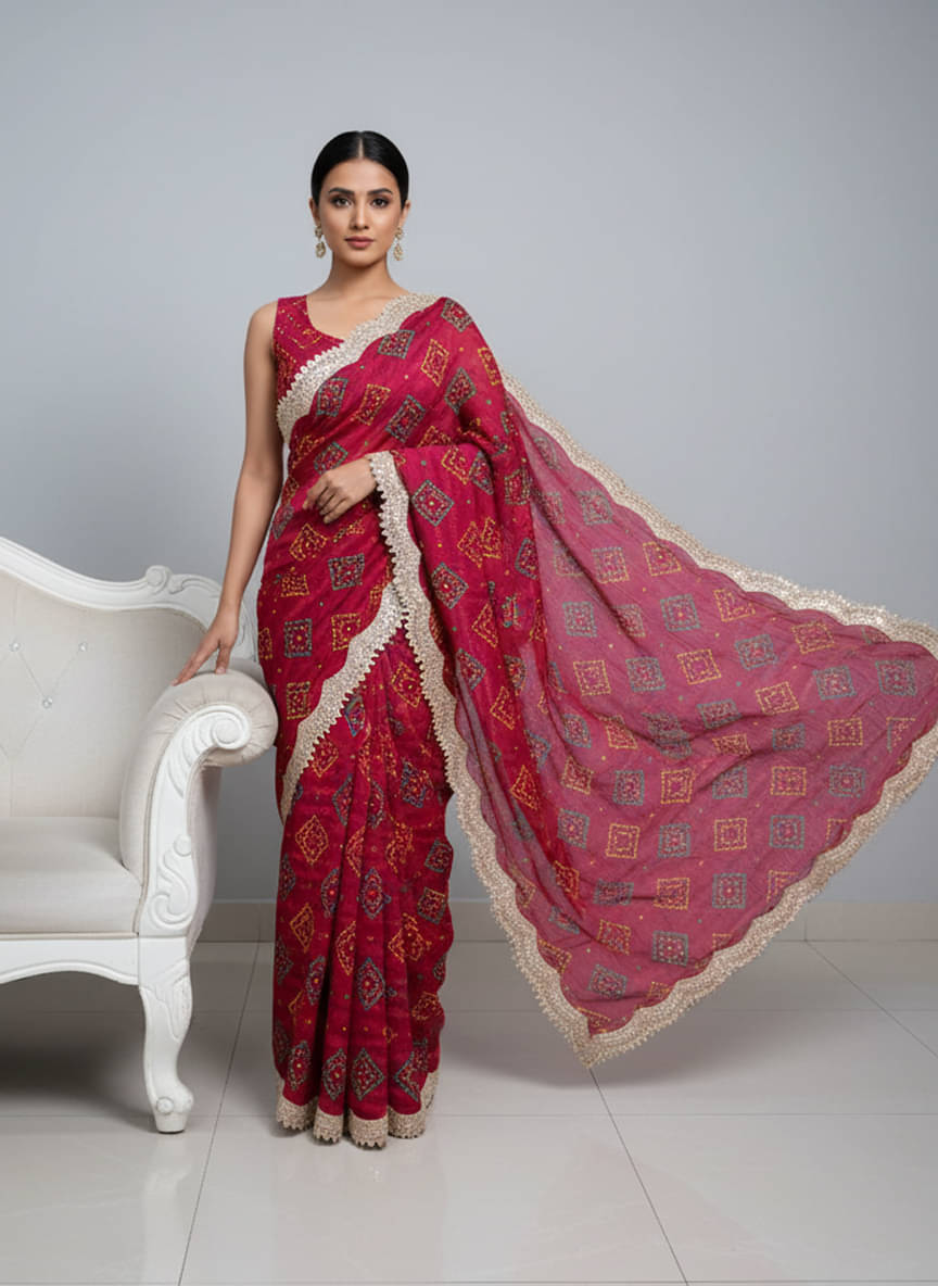     			Sareez House Chiffon Printed Bandhani Sarees With Unstitched Blouse Piece ( Rani )
