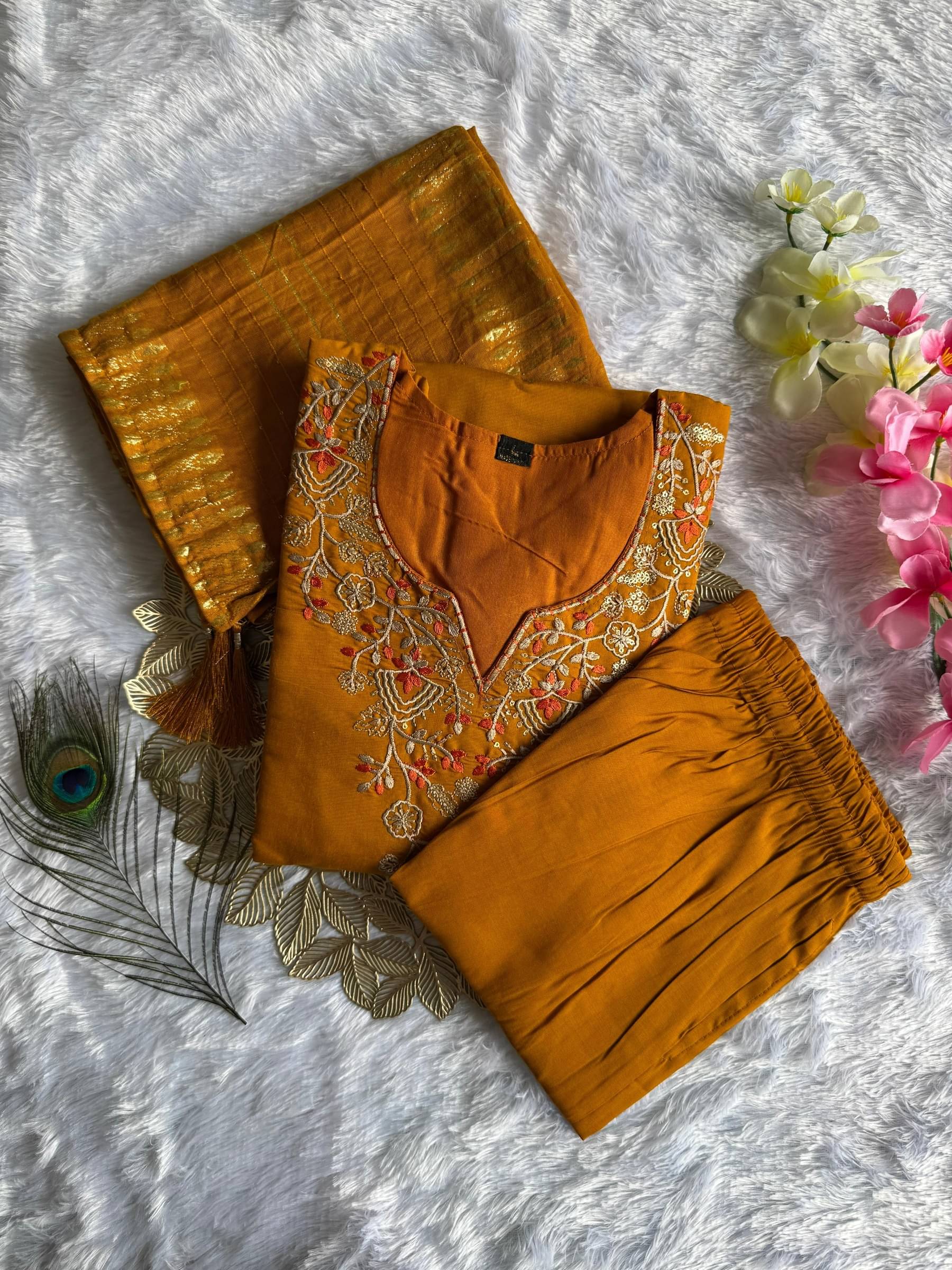     			VILOCHAN Women Cotton Embroidered A-line Kurti with Dupatta ( Mustard )