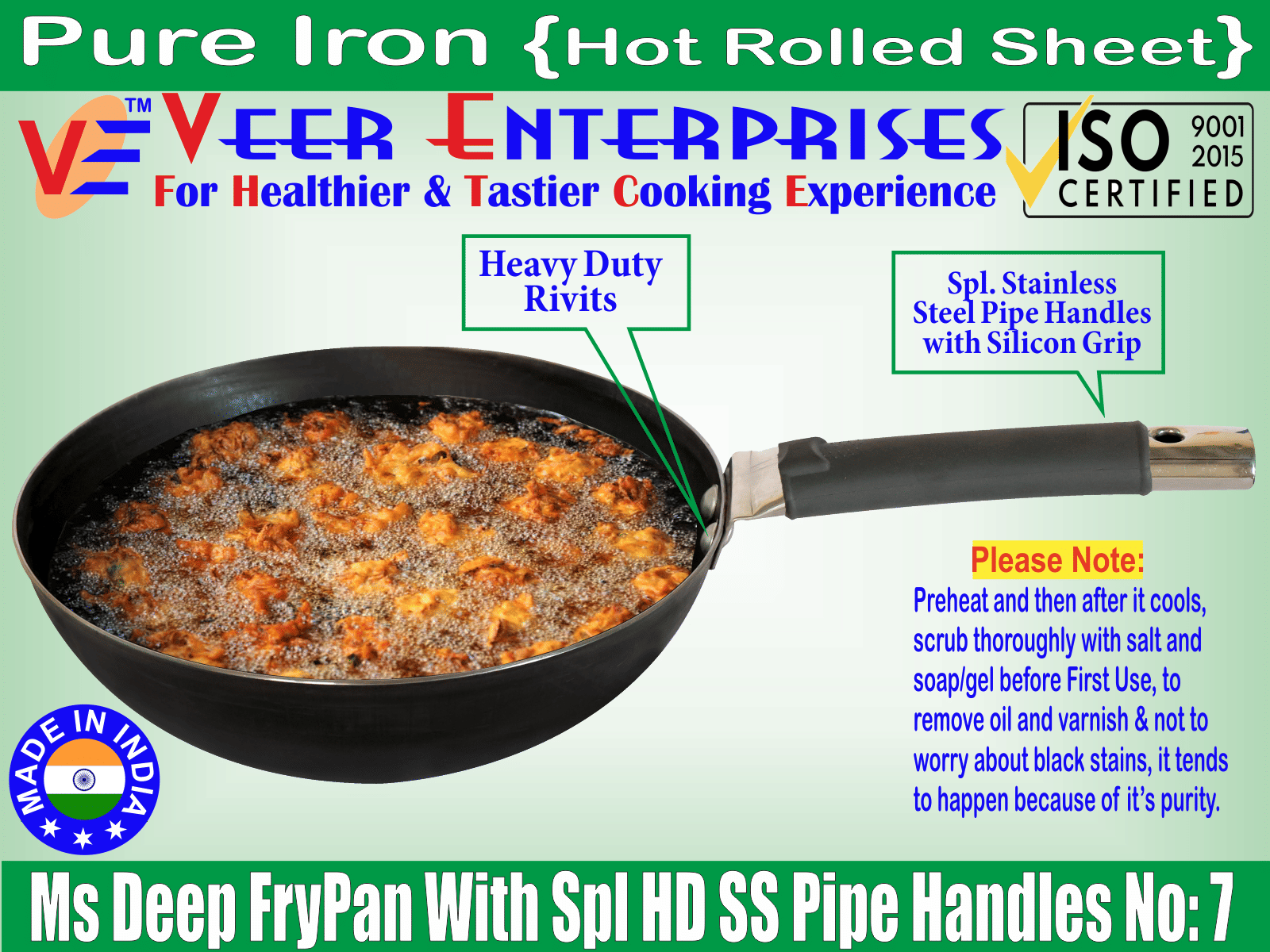     			Veer Kadai Non coated Iron Deep Kadhai Heavy Bottom Stainless Steel Handle 2 mm Thickness 18 cm Diameter ( 0.7 L )