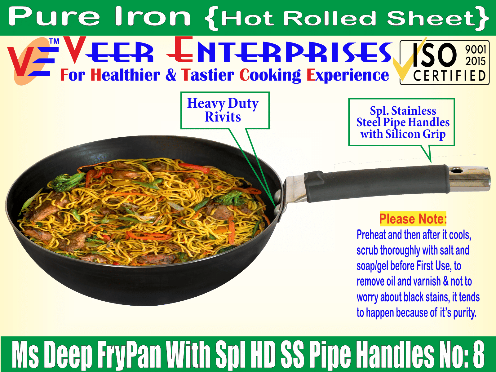     			Veer Kadai Non coated Iron Deep Kadhai Heavy Bottom Stainless Steel Handle 2 mm Thickness 20 cm Diameter ( 1 L )